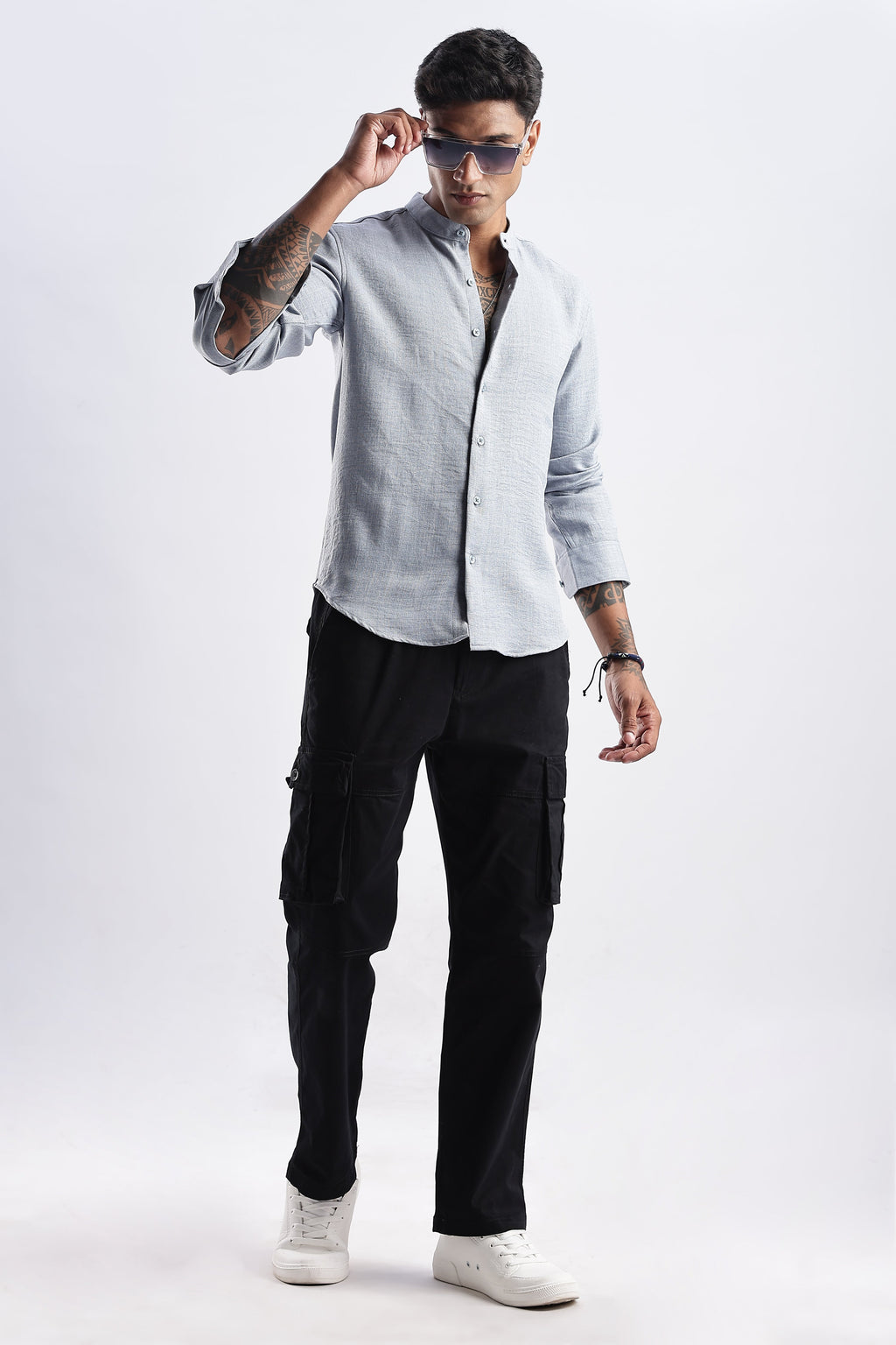 Men Milange Linen Look Shirts Mandarin Collar-Lt Grey