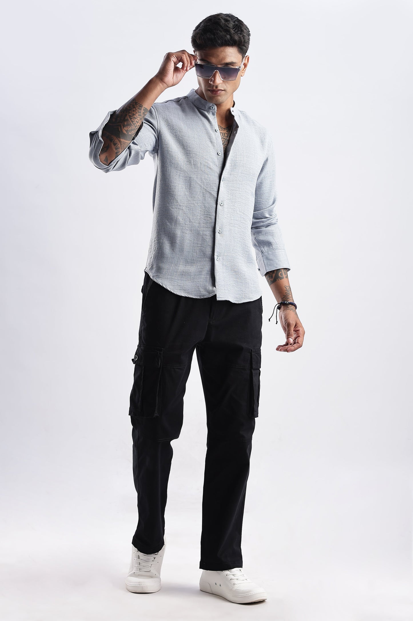 Men Milange Linen Look Shirts Mandarin Collar-Lt Grey