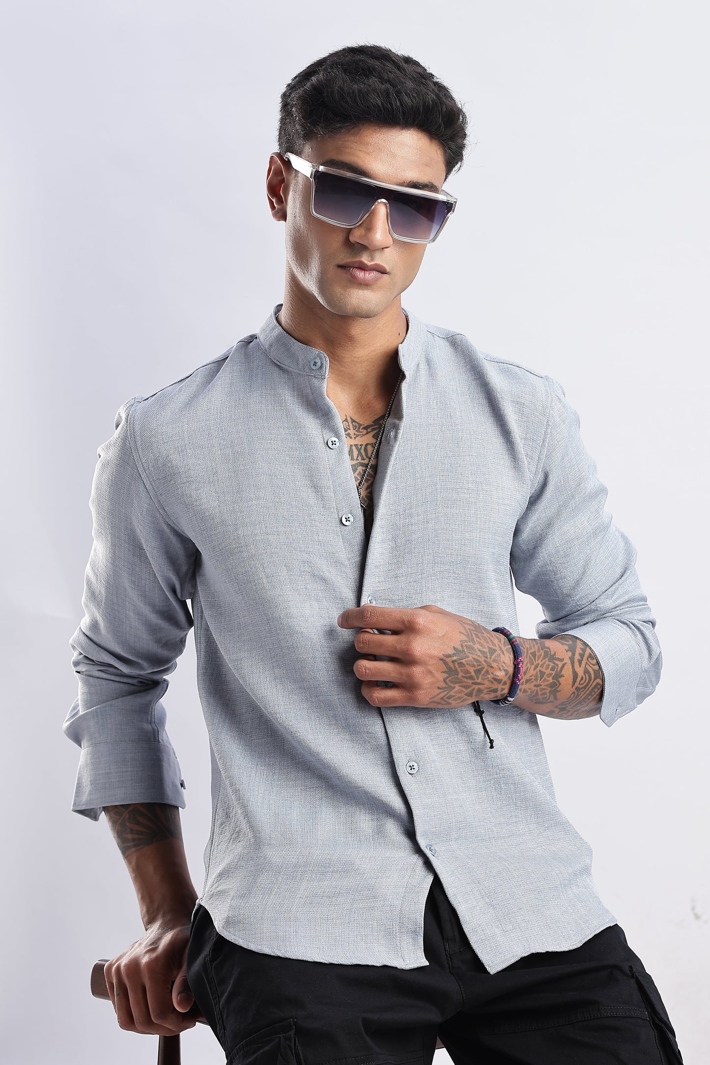 Men Milange Linen Look Shirts Mandarin Collar-Lt Grey