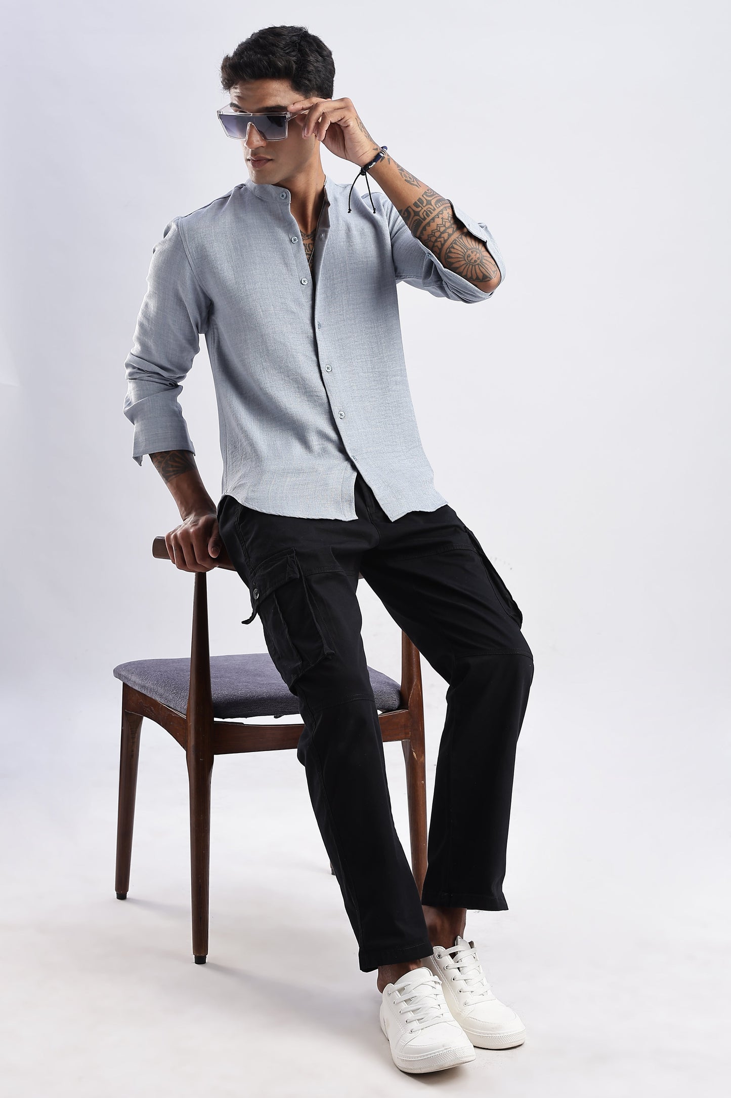 Men Milange Linen Look Shirts Mandarin Collar-Lt Grey