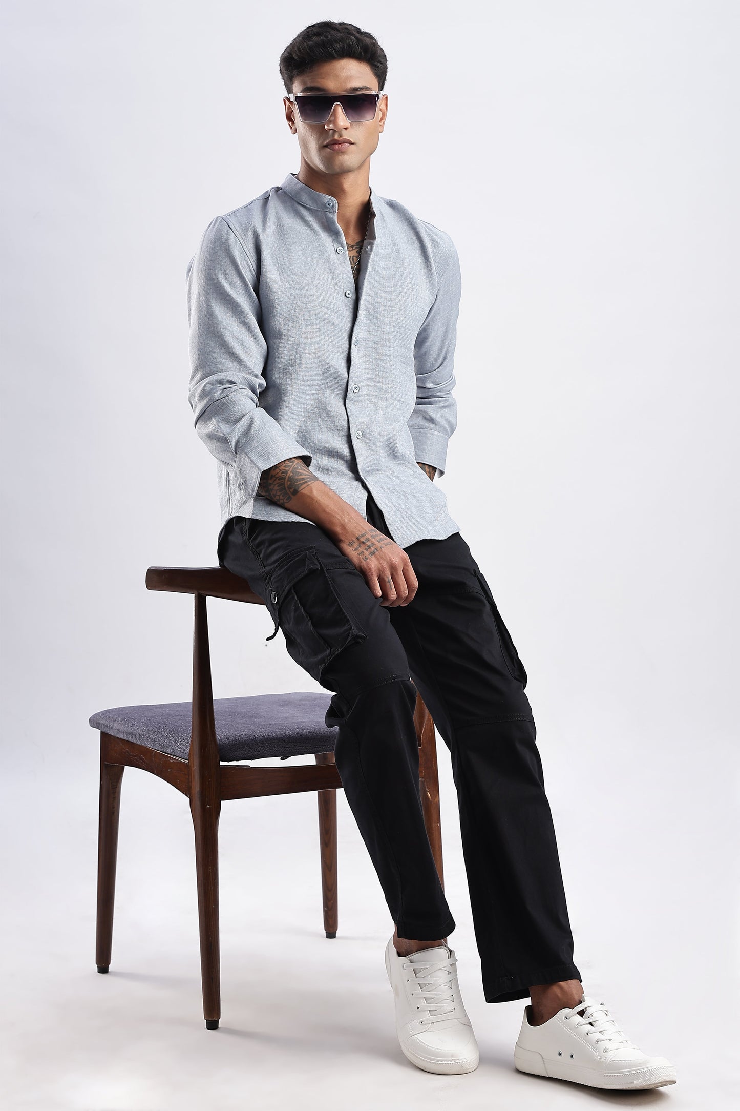 Men Milange Linen Look Shirts Mandarin Collar-Lt Grey