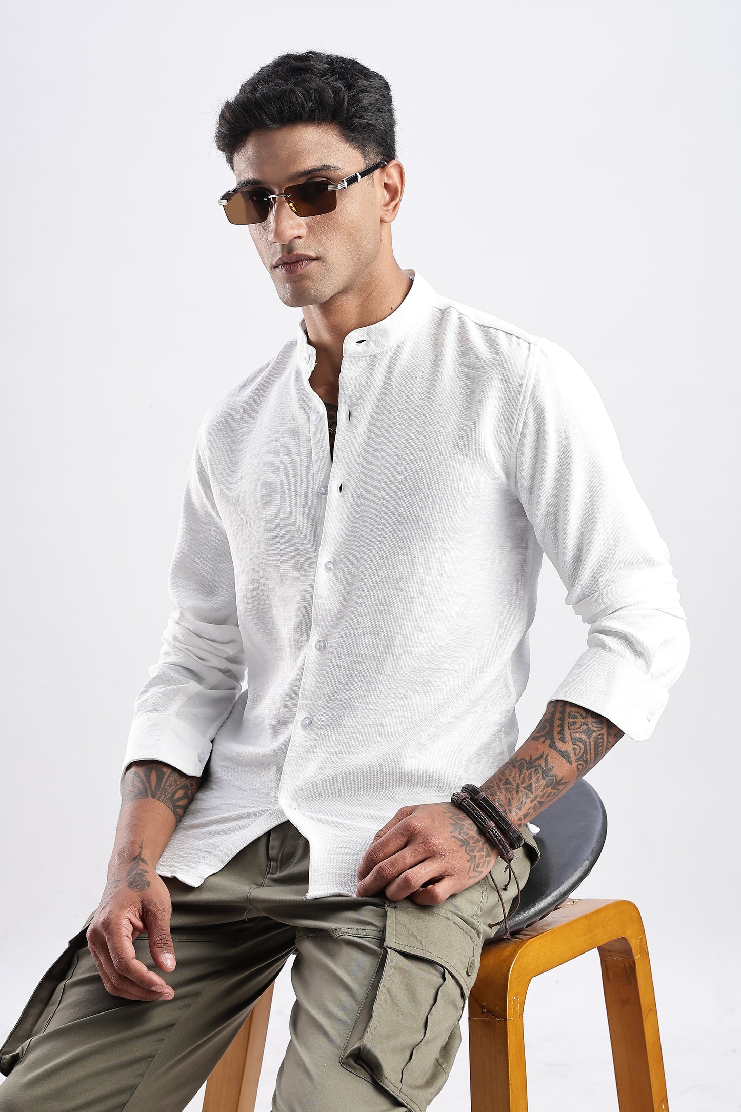 Men Milange Linen Look Shirts Mandarin Collar-White