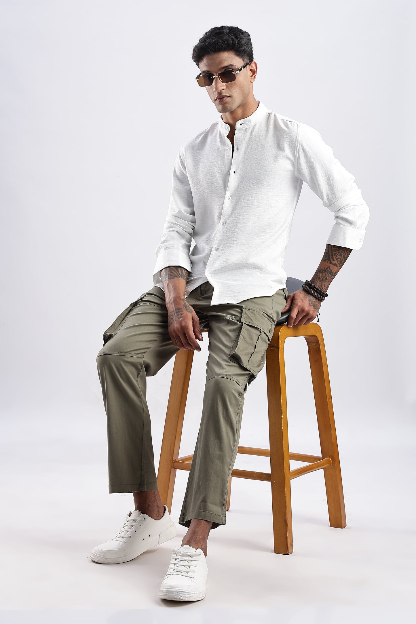 Men Milange Linen Look Shirts Mandarin Collar-White