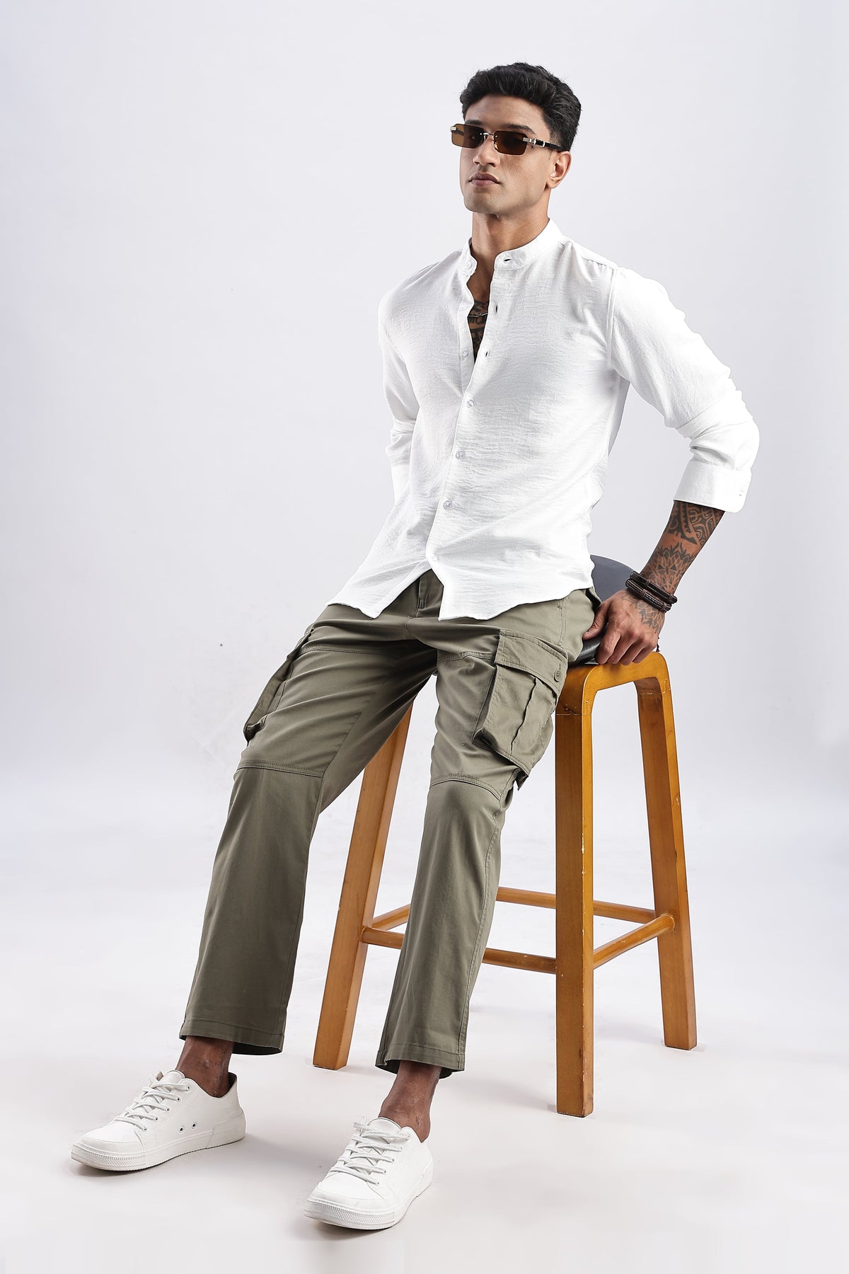 Men Milange Linen Look Shirts Mandarin Collar-White