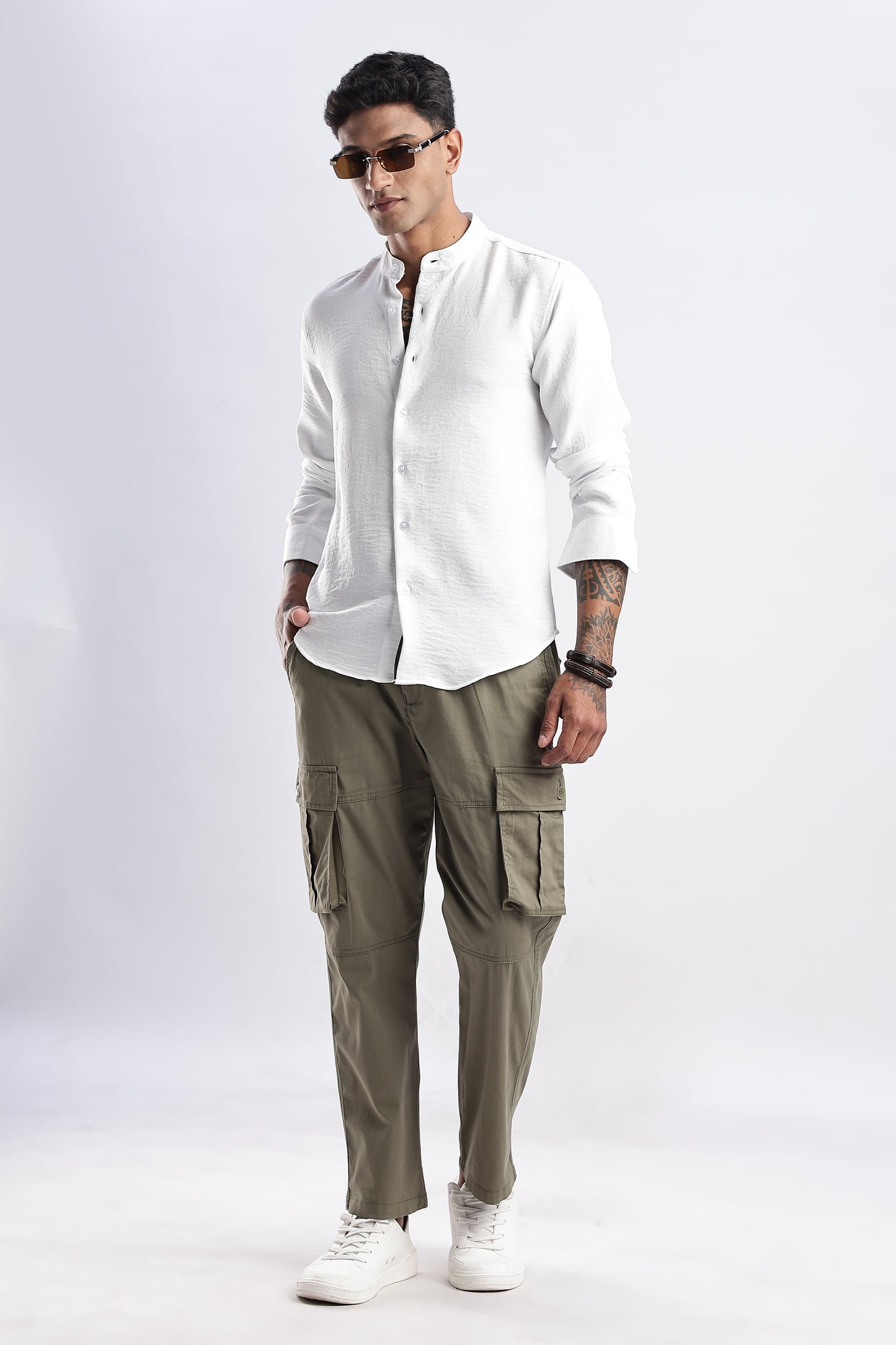 Men Milange Linen Look Shirts Mandarin Collar-White