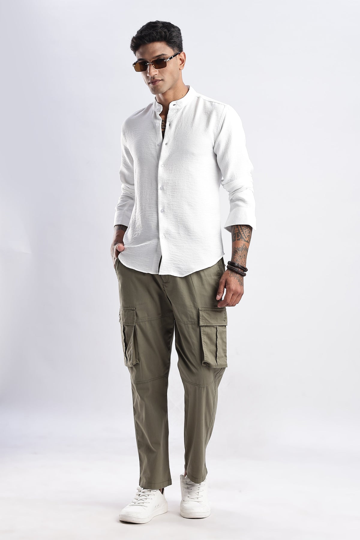 Men Milange Linen Look Shirts Mandarin Collar-White