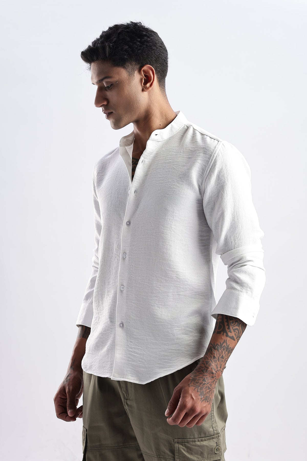 Men Milange Linen Look Shirts Mandarin Collar-White