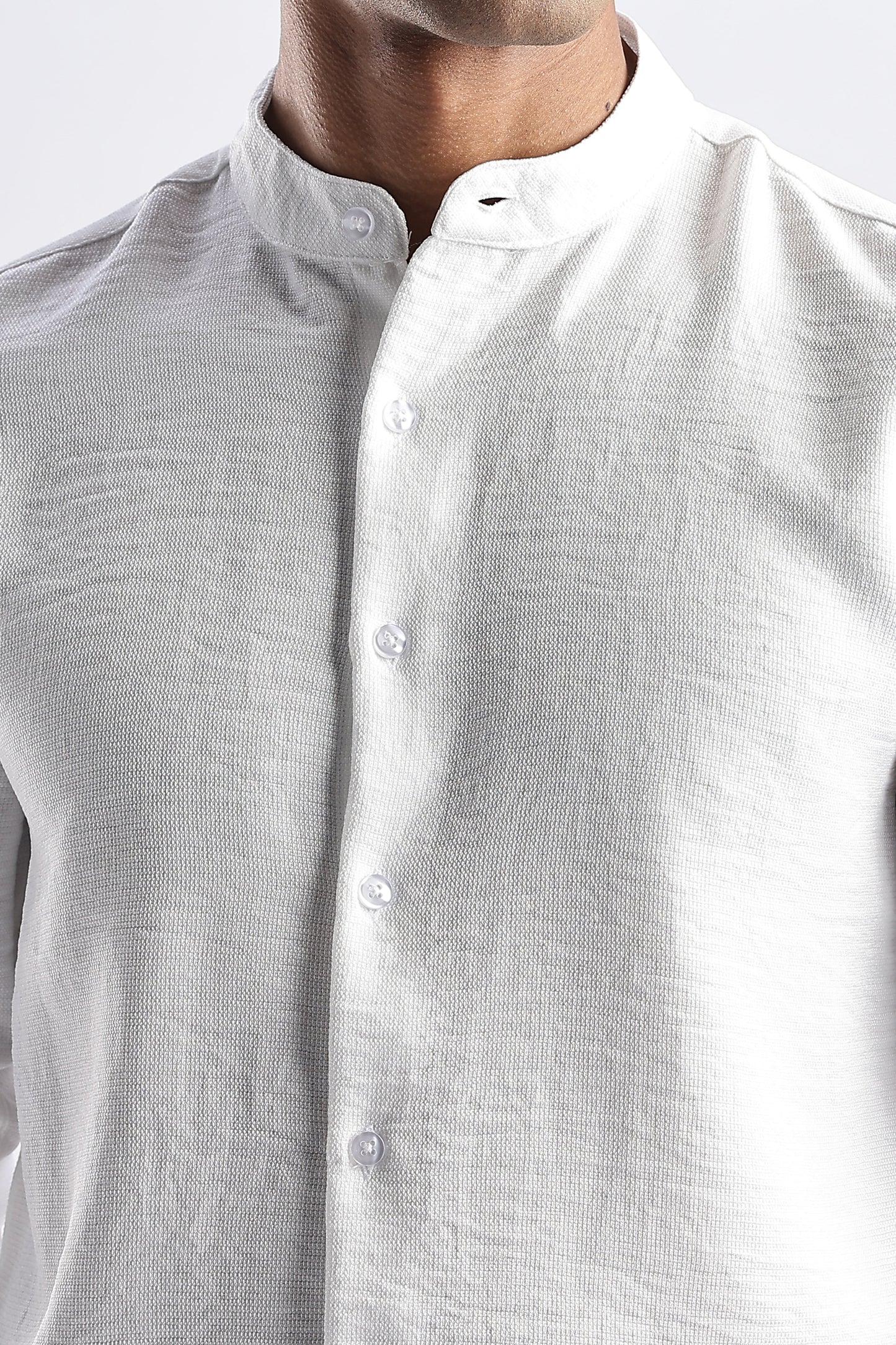 Men Milange Linen Look Shirts Mandarin Collar-White