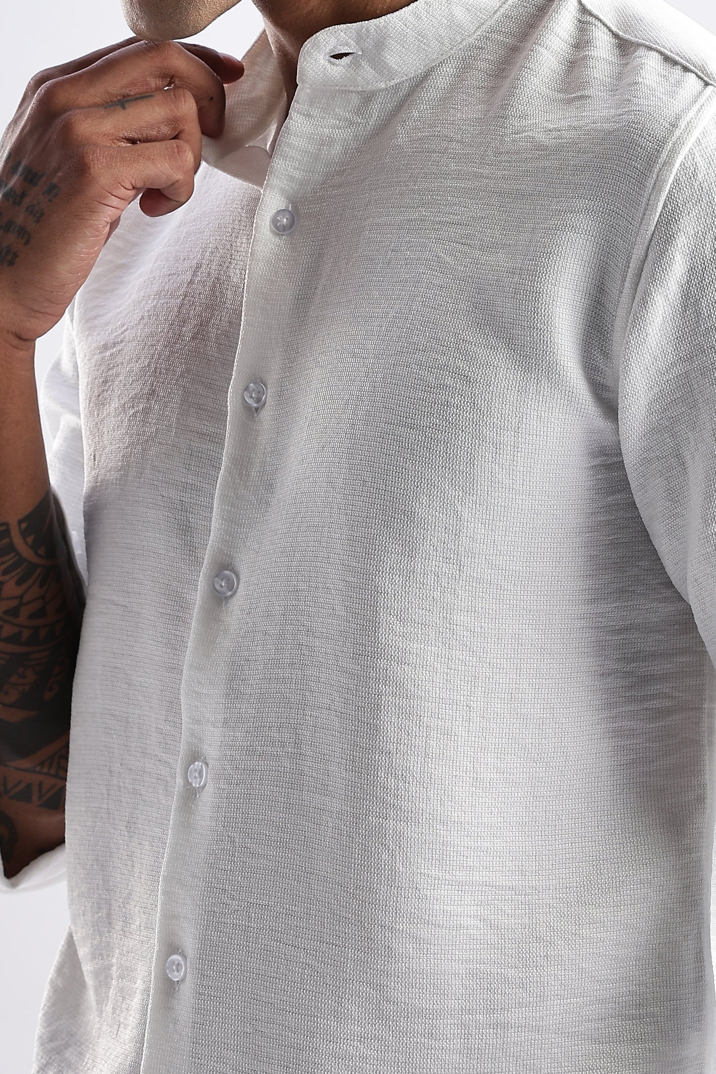 Men Milange Linen Look Shirts Mandarin Collar-White