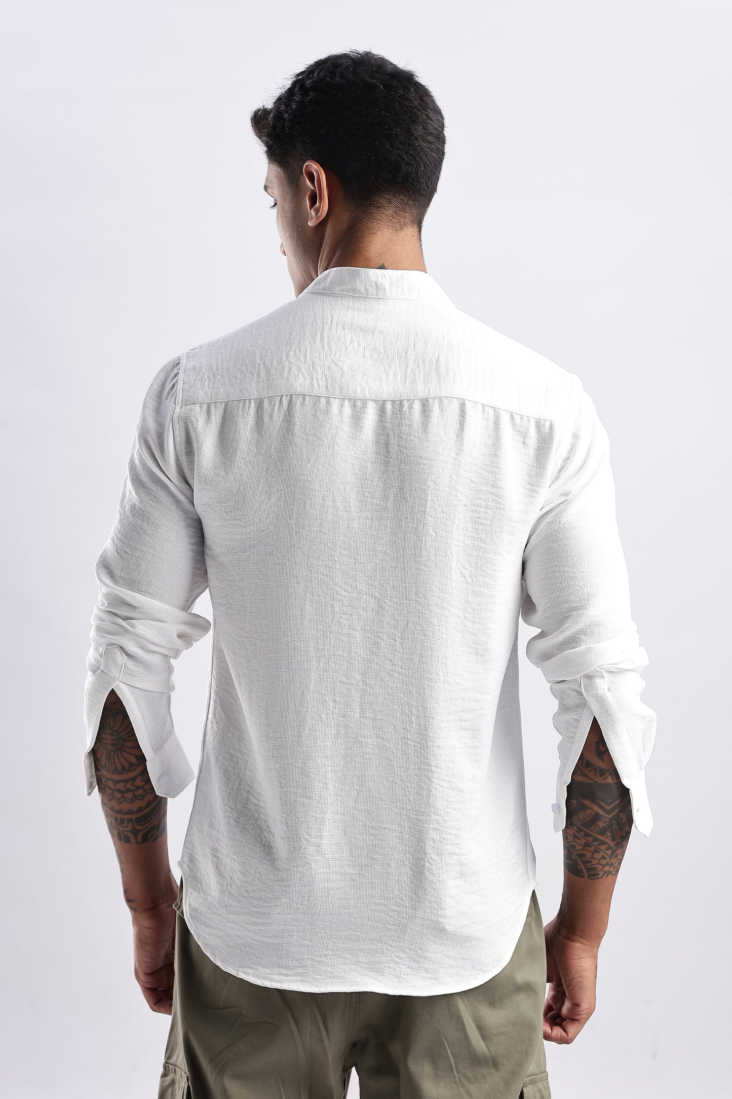 Men Milange Linen Look Shirts Mandarin Collar-White
