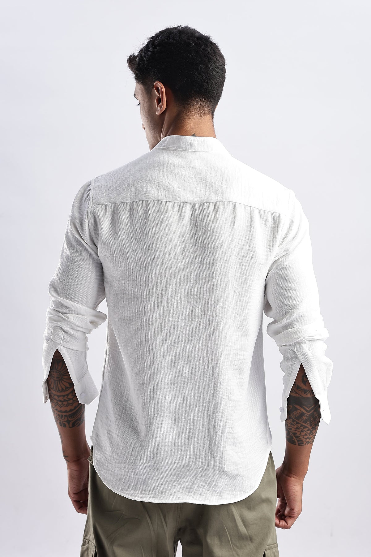 Men Milange Linen Look Shirts Mandarin Collar-White