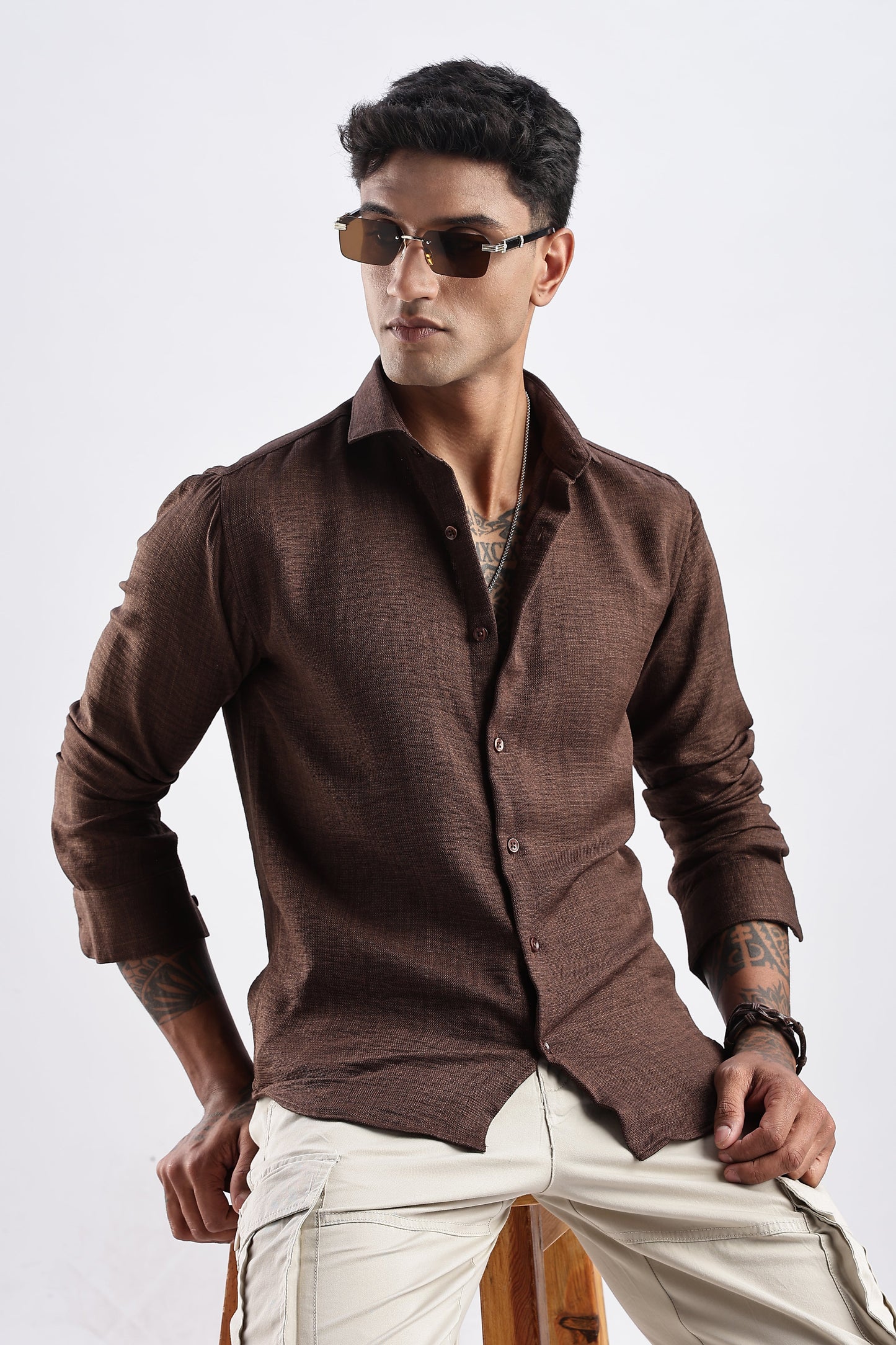 Men Milange Linen Look Shirts-Brown