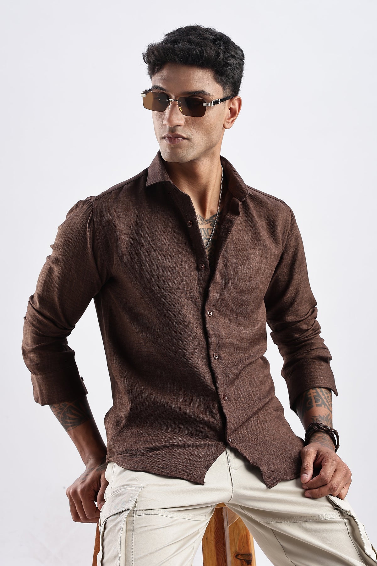 Men Milange Linen Look Shirts-Brown
