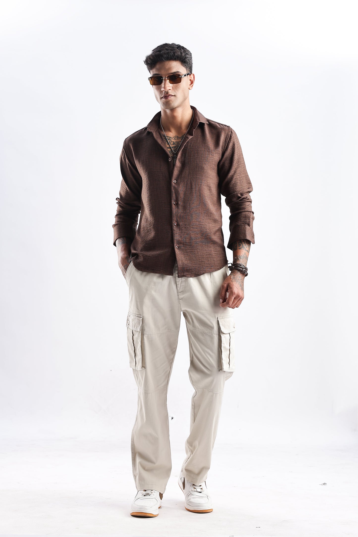 Men Milange Linen Look Shirts-Brown