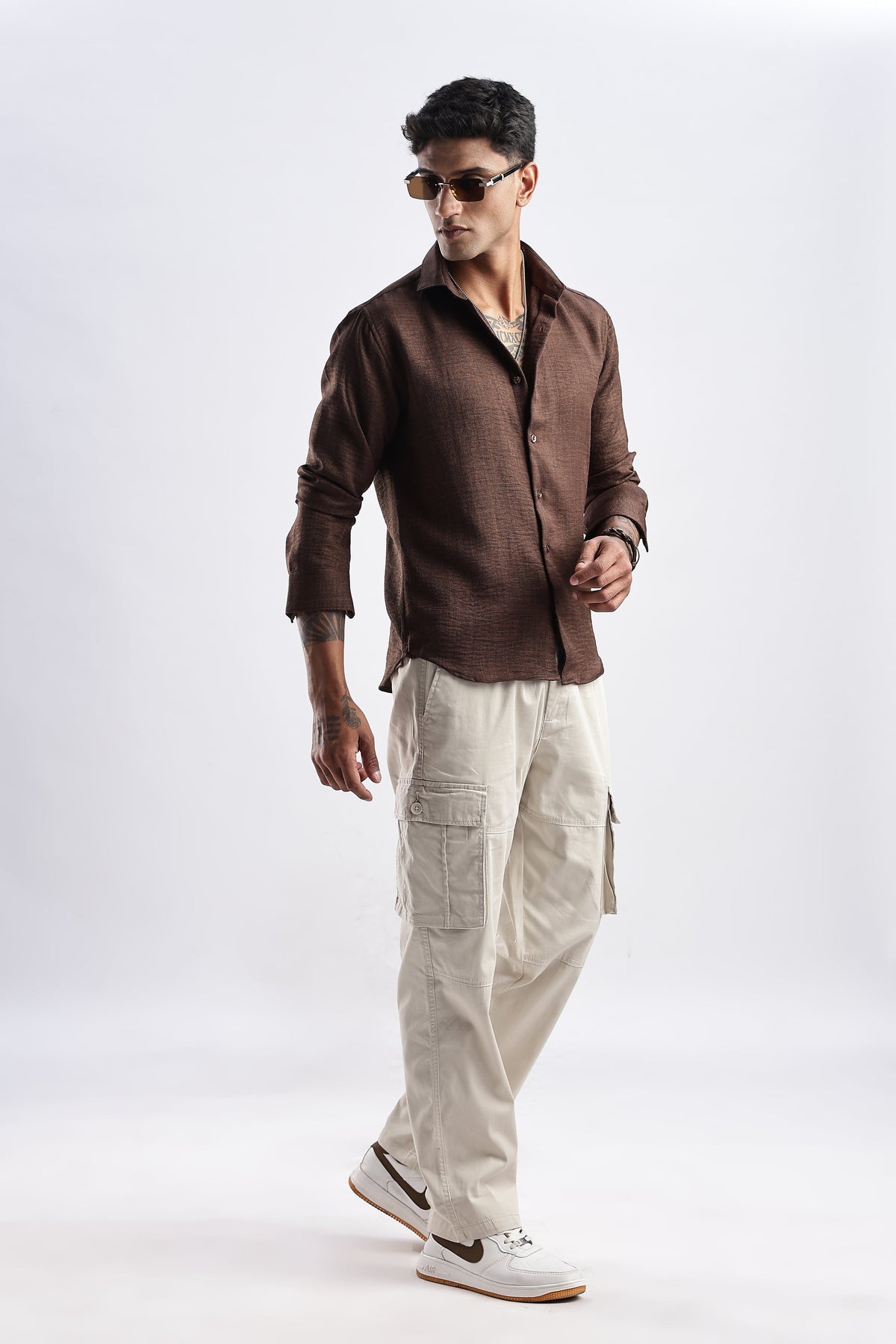 Men Milange Linen Look Shirts-Brown