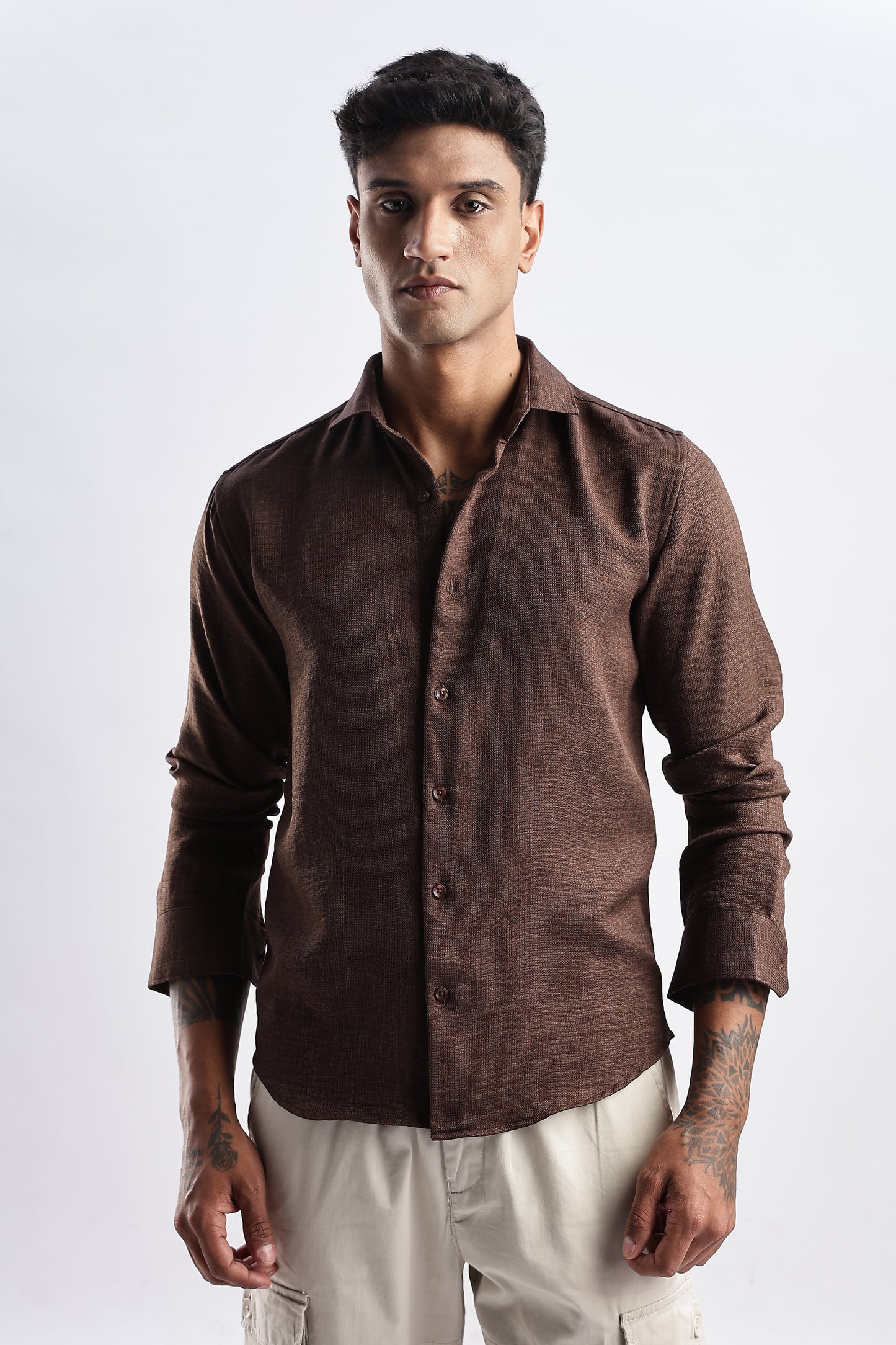 Men Milange Linen Look Shirts-Brown