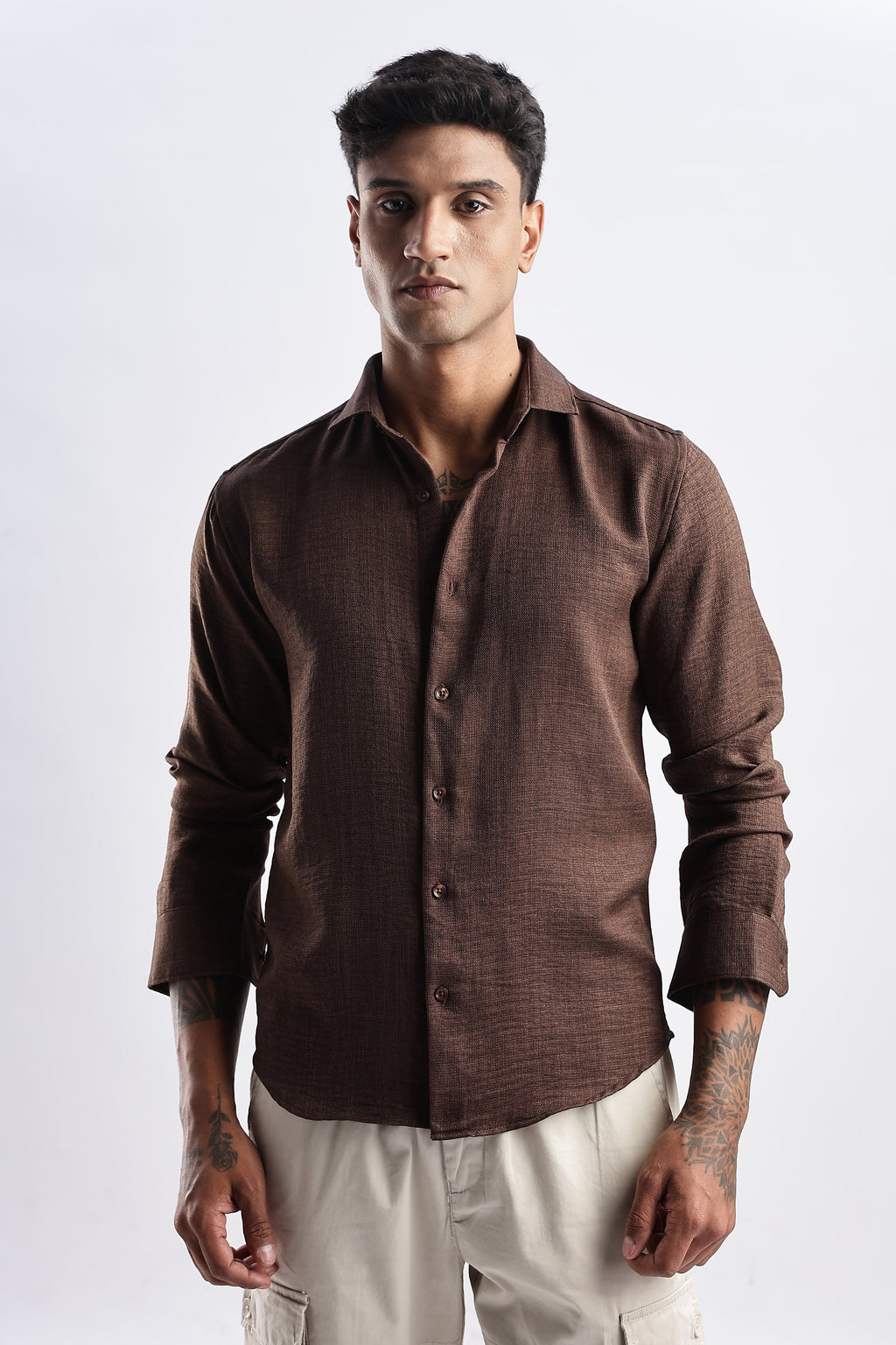 Men Milange Linen Look Shirts-Brown