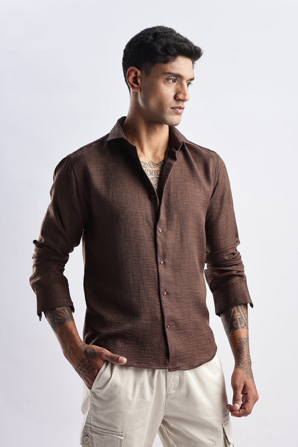 Men Milange Linen Look Shirts-Brown