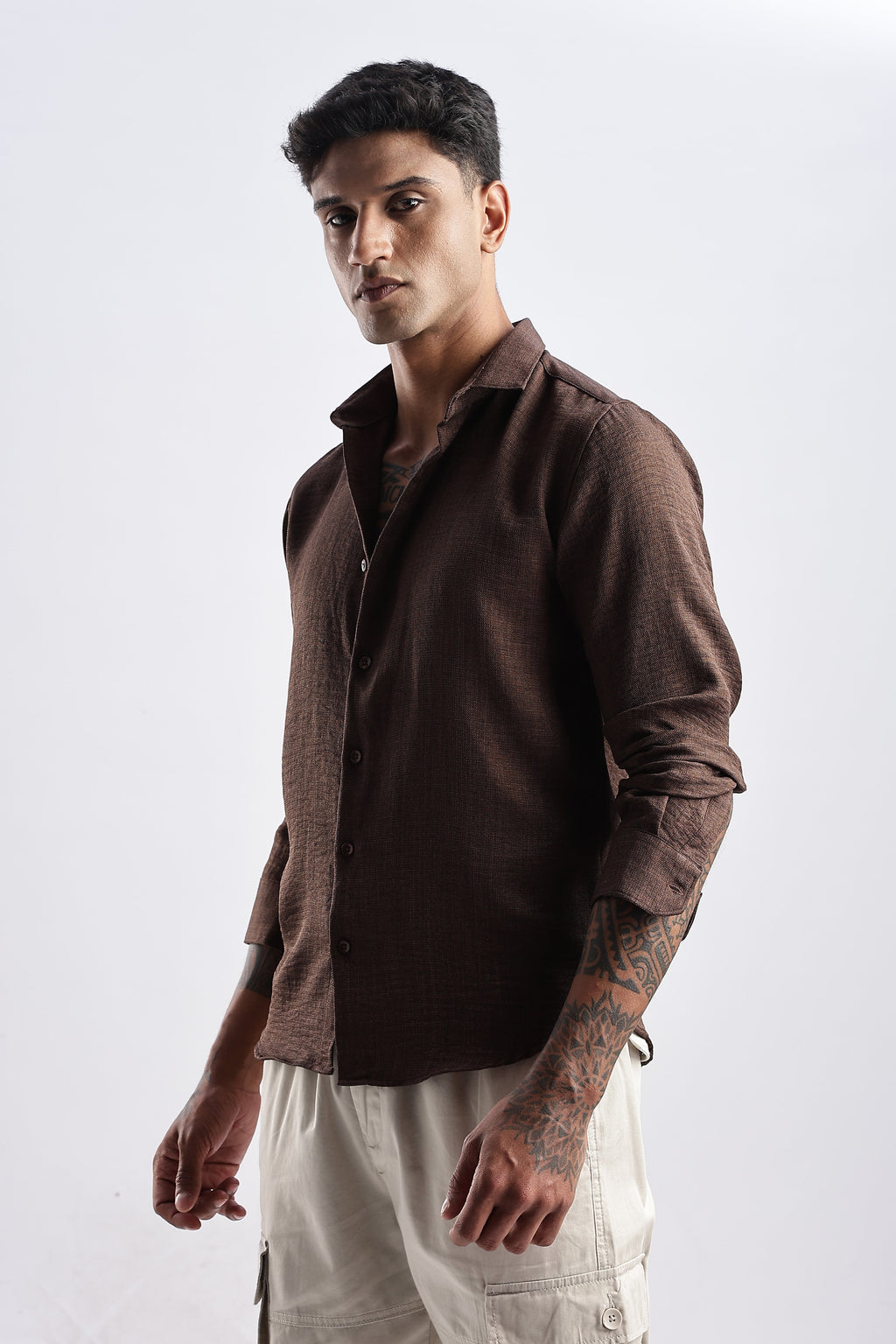 Men Milange Linen Look Shirts-Brown