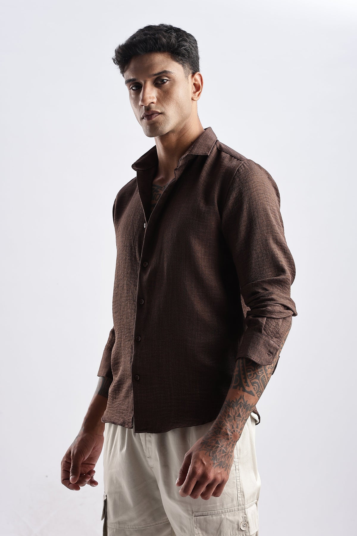 Men Milange Linen Look Shirts-Brown