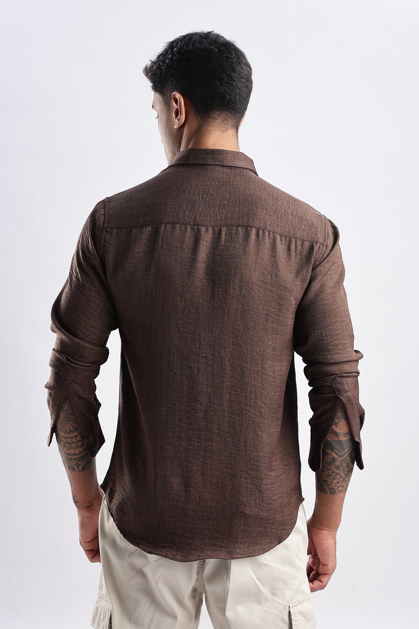 Men Milange Linen Look Shirts-Brown