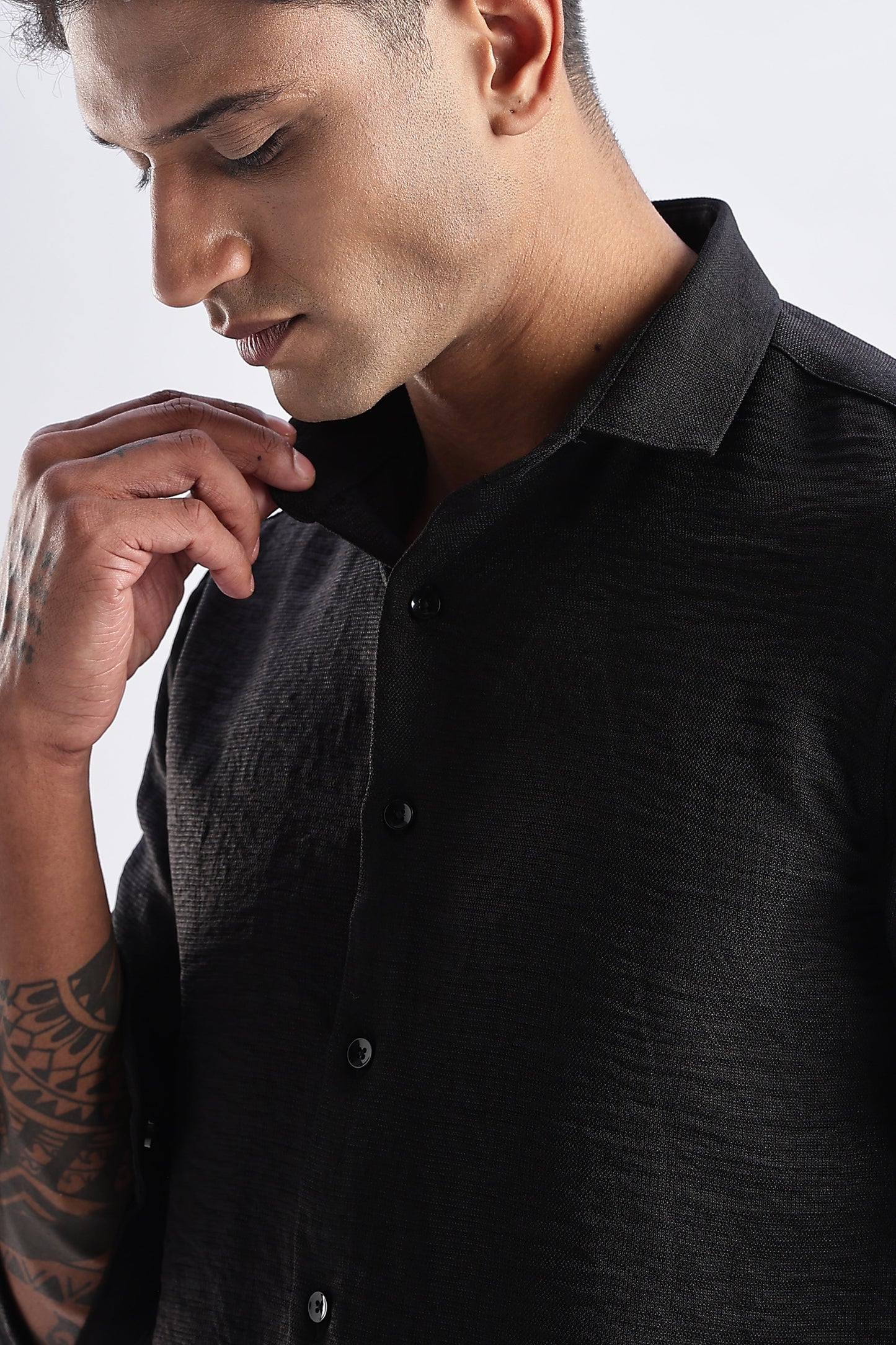 Men Milange Linen Look Shirts-Black