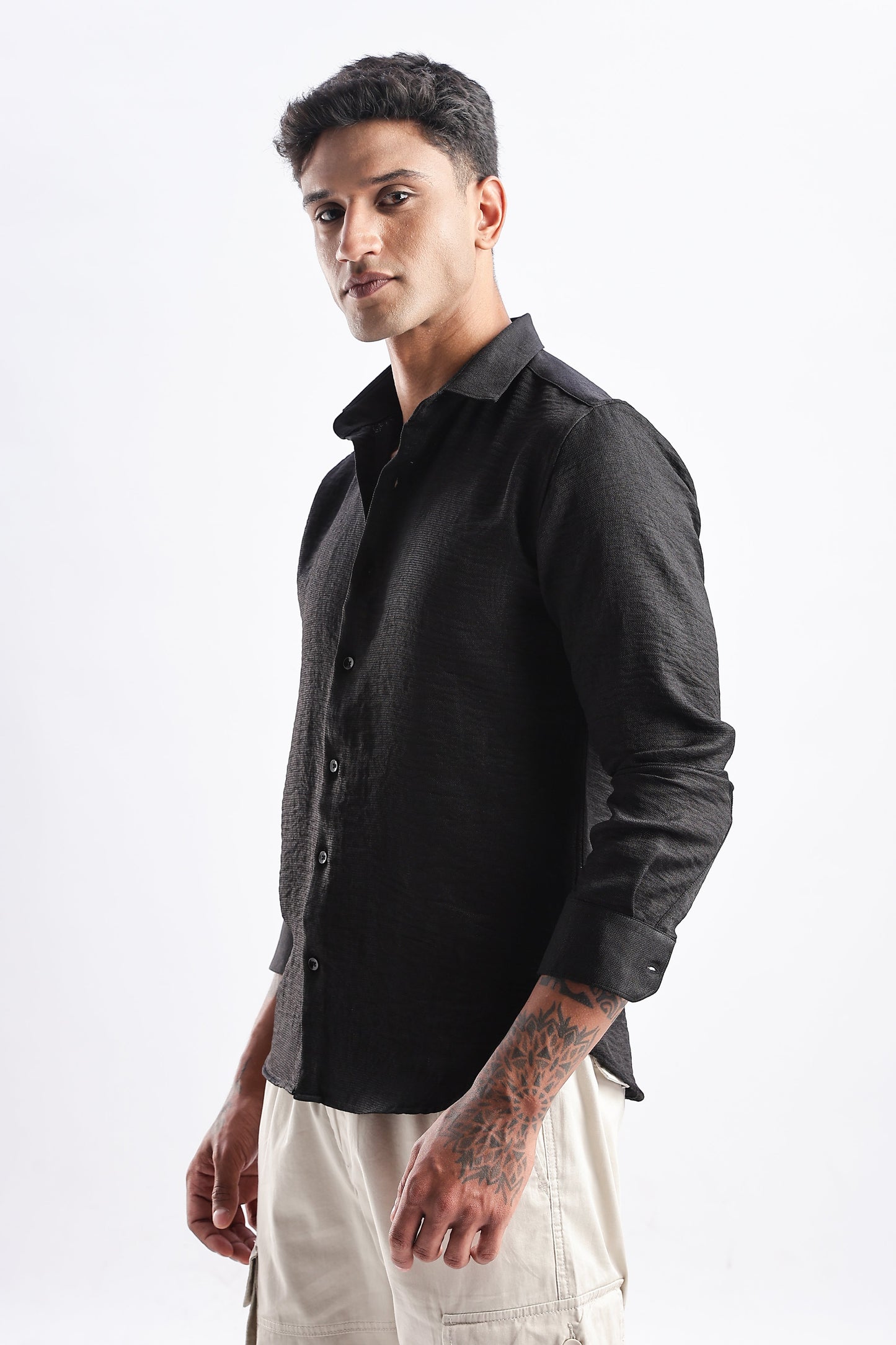 Men Milange Linen Look Shirts-Black