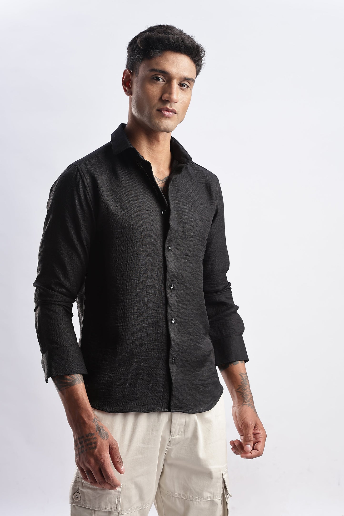 Men Milange Linen Look Shirts-Black