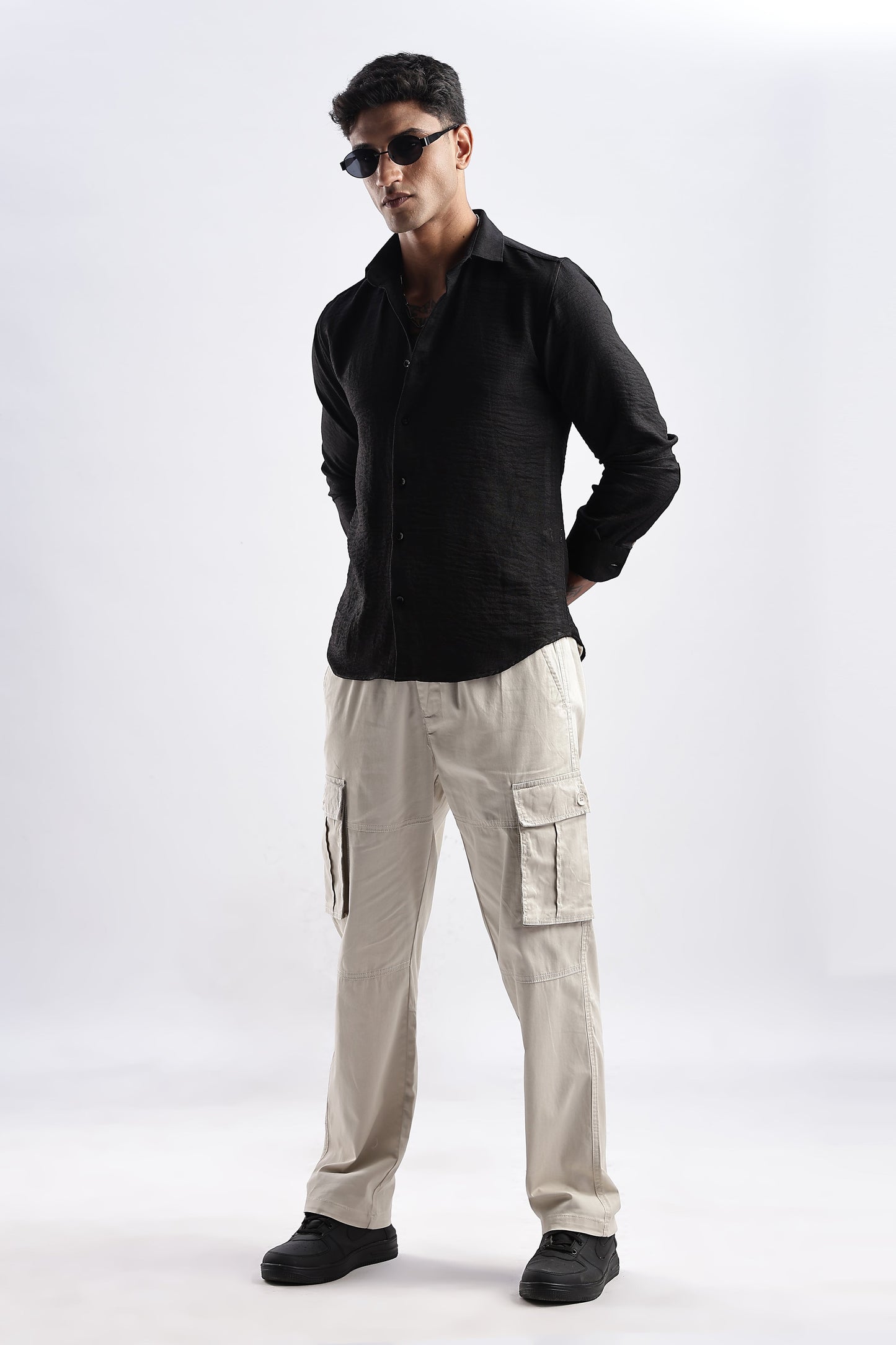 Men Milange Linen Look Shirts-Black