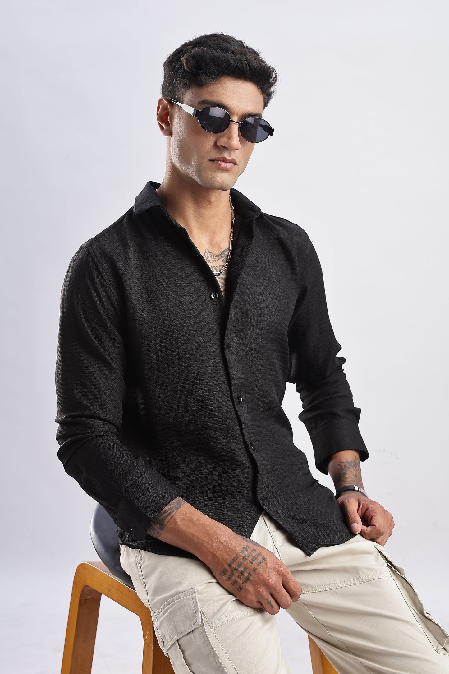 Men Milange Linen Look Shirts-Black