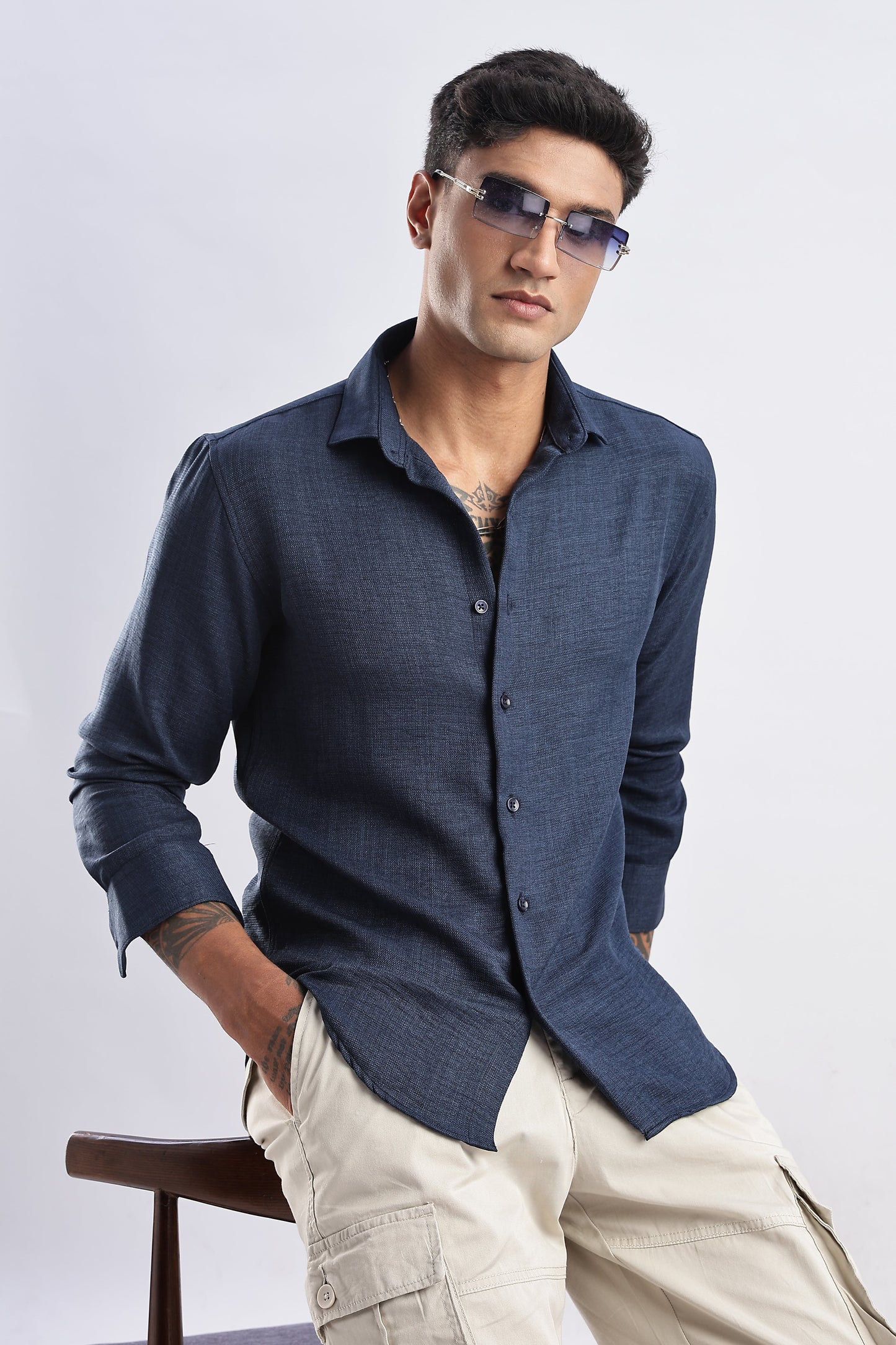 Men Milange Linen Look Shirts-Royal Blue