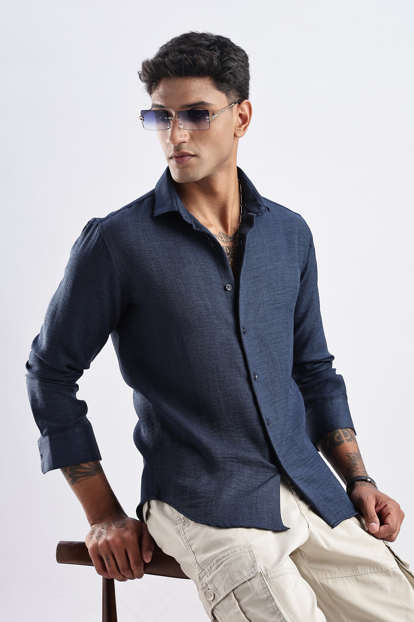 Men Milange Linen Look Shirts-Royal Blue