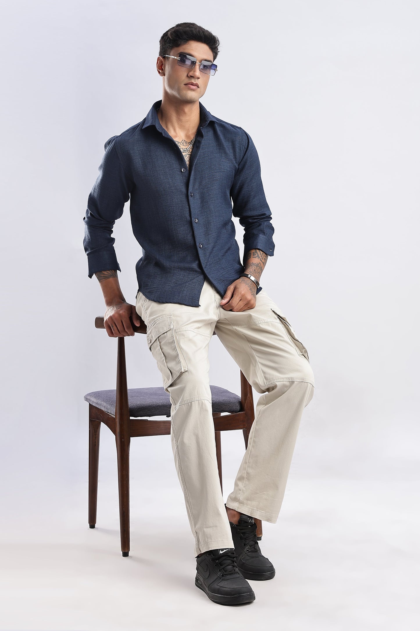 Men Milange Linen Look Shirts-Royal Blue