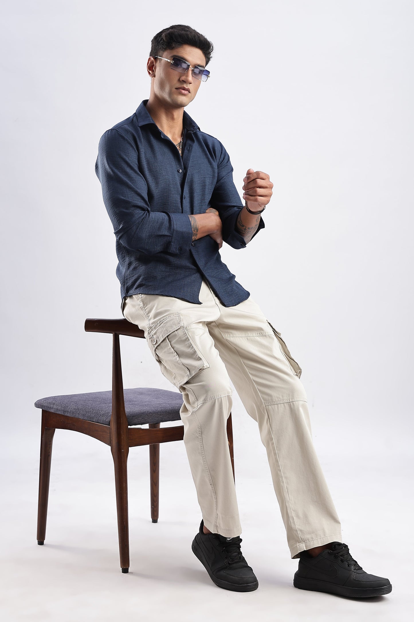 Men Milange Linen Look Shirts-Royal Blue