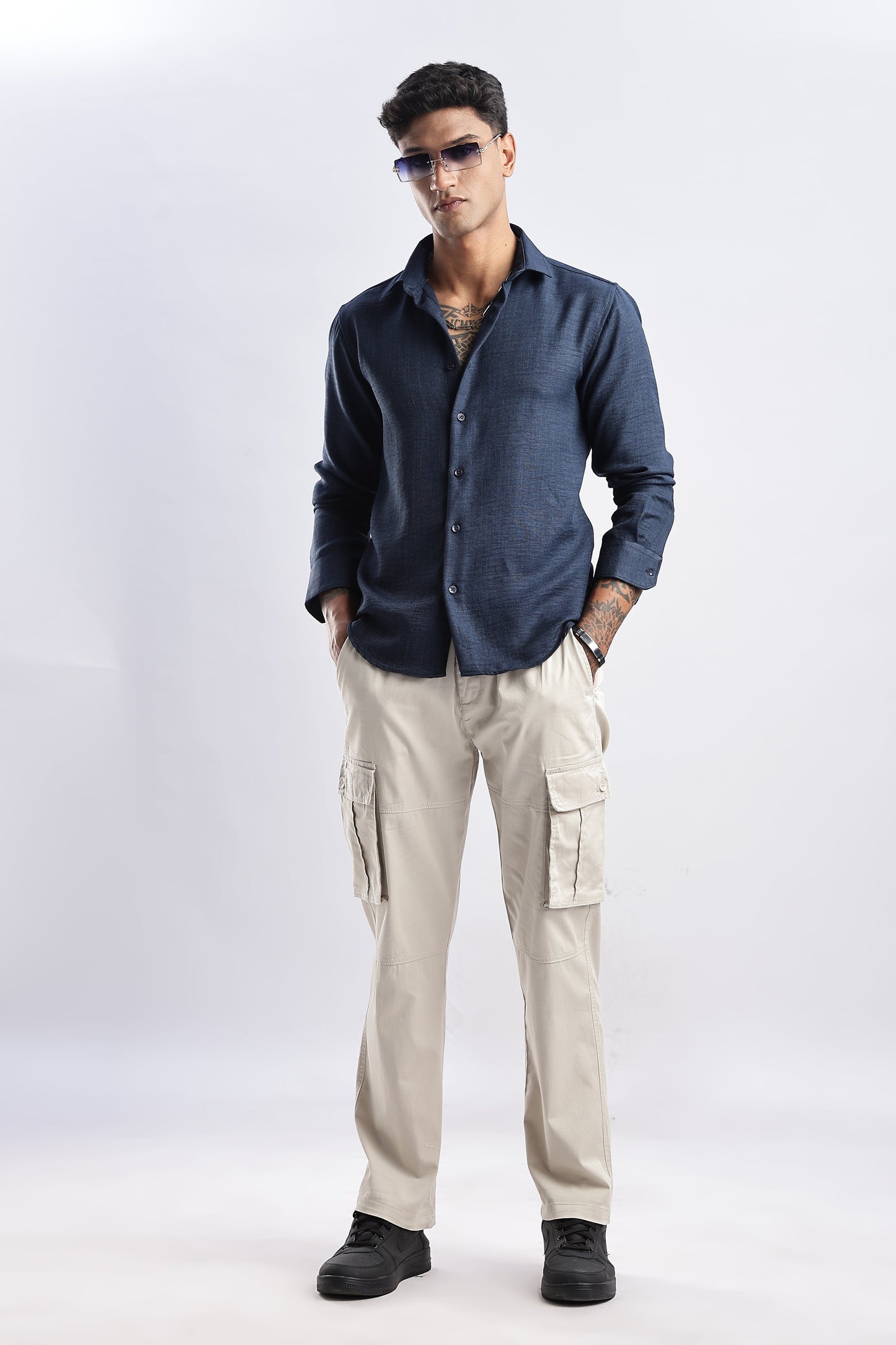 Men Milange Linen Look Shirts-Royal Blue