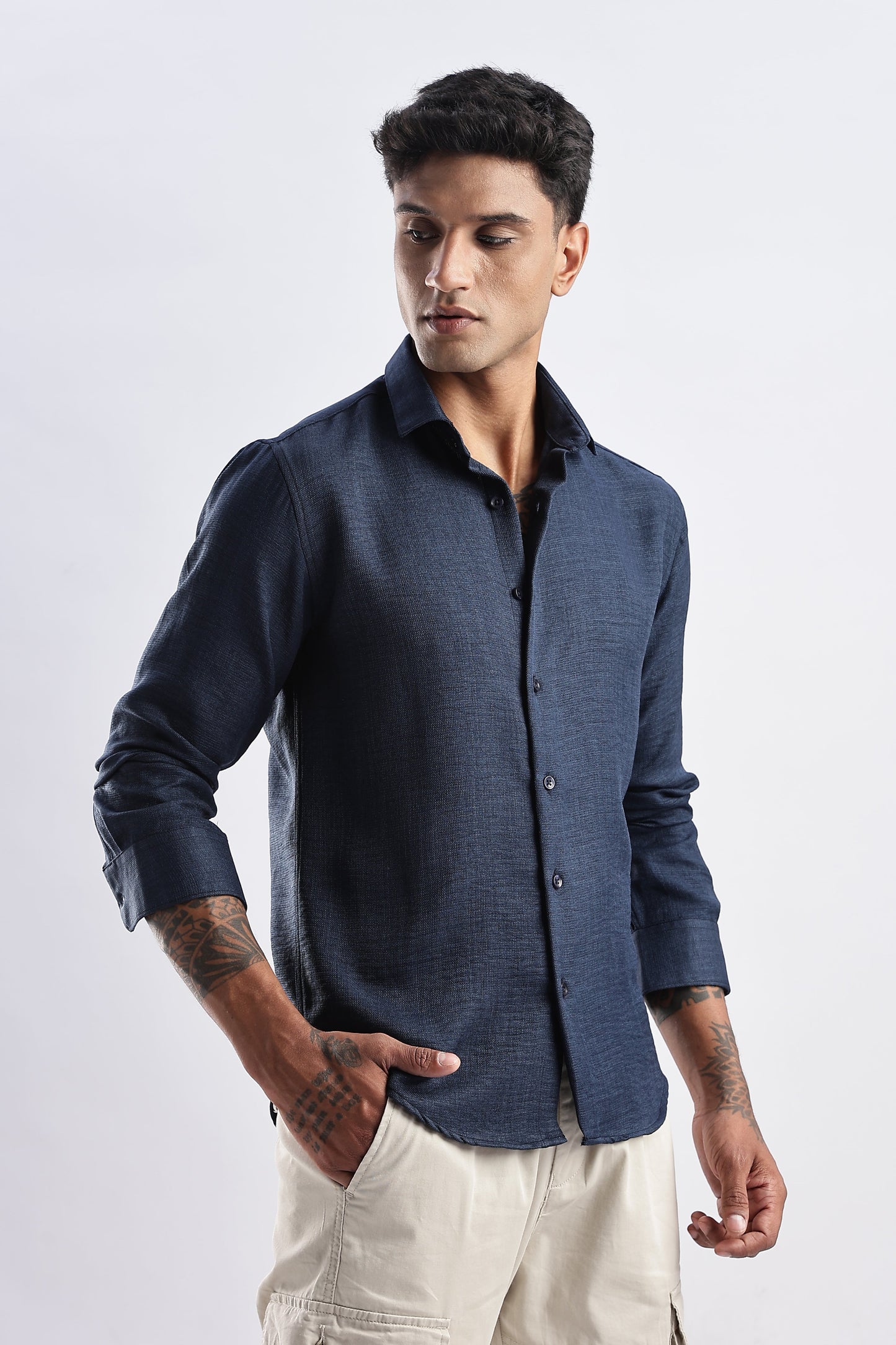 Men Milange Linen Look Shirts-Royal Blue