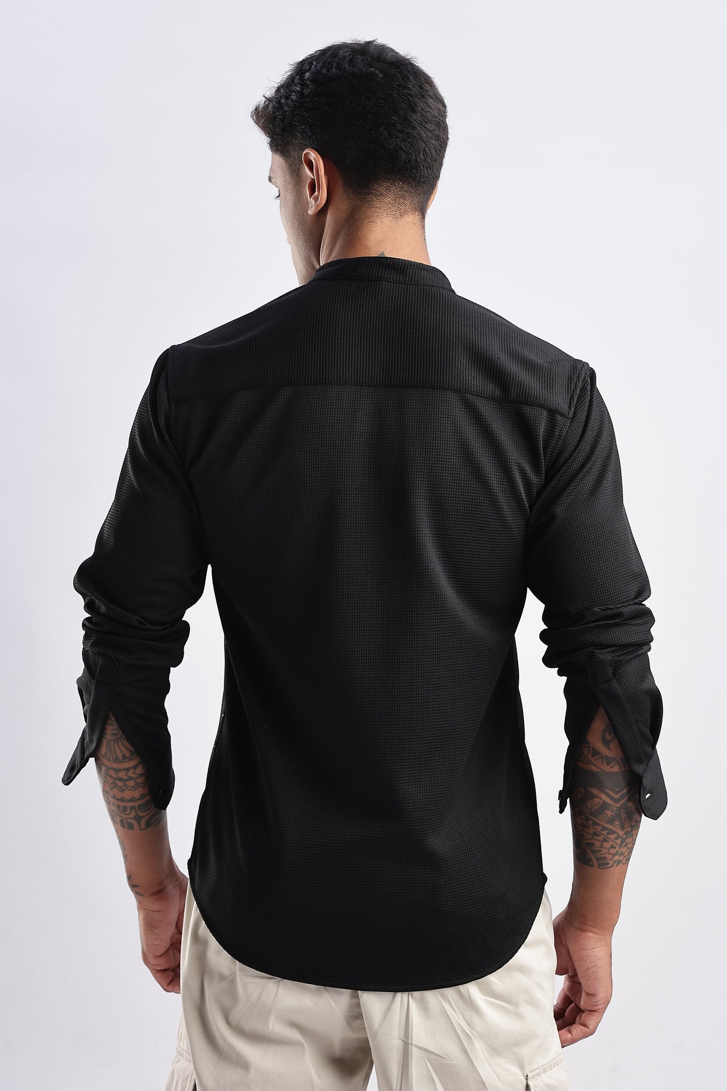 Men Waffle Dobby Shirts Mandarin Collar-Black