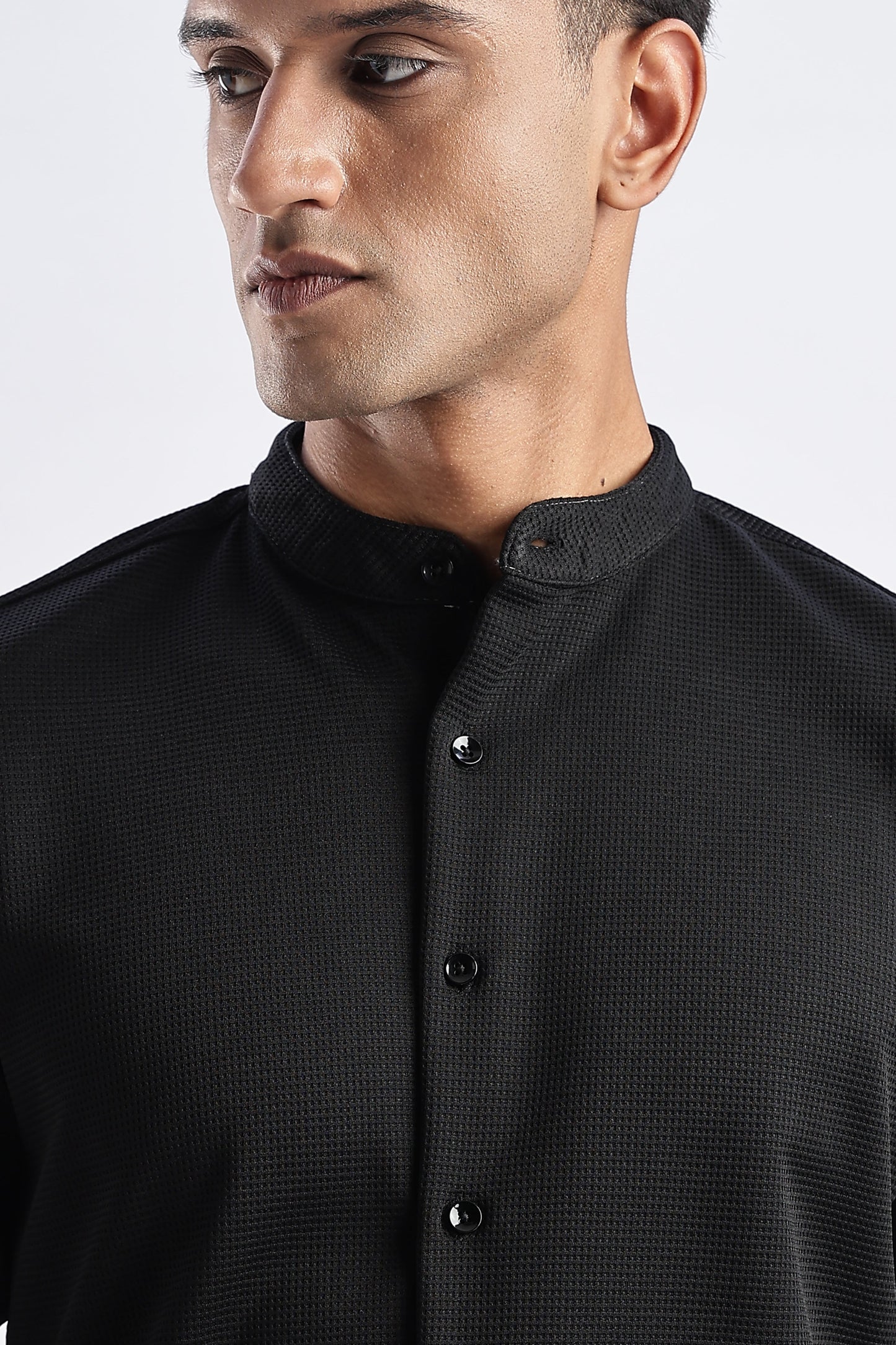 Men Waffle Dobby Shirts Mandarin Collar-Black