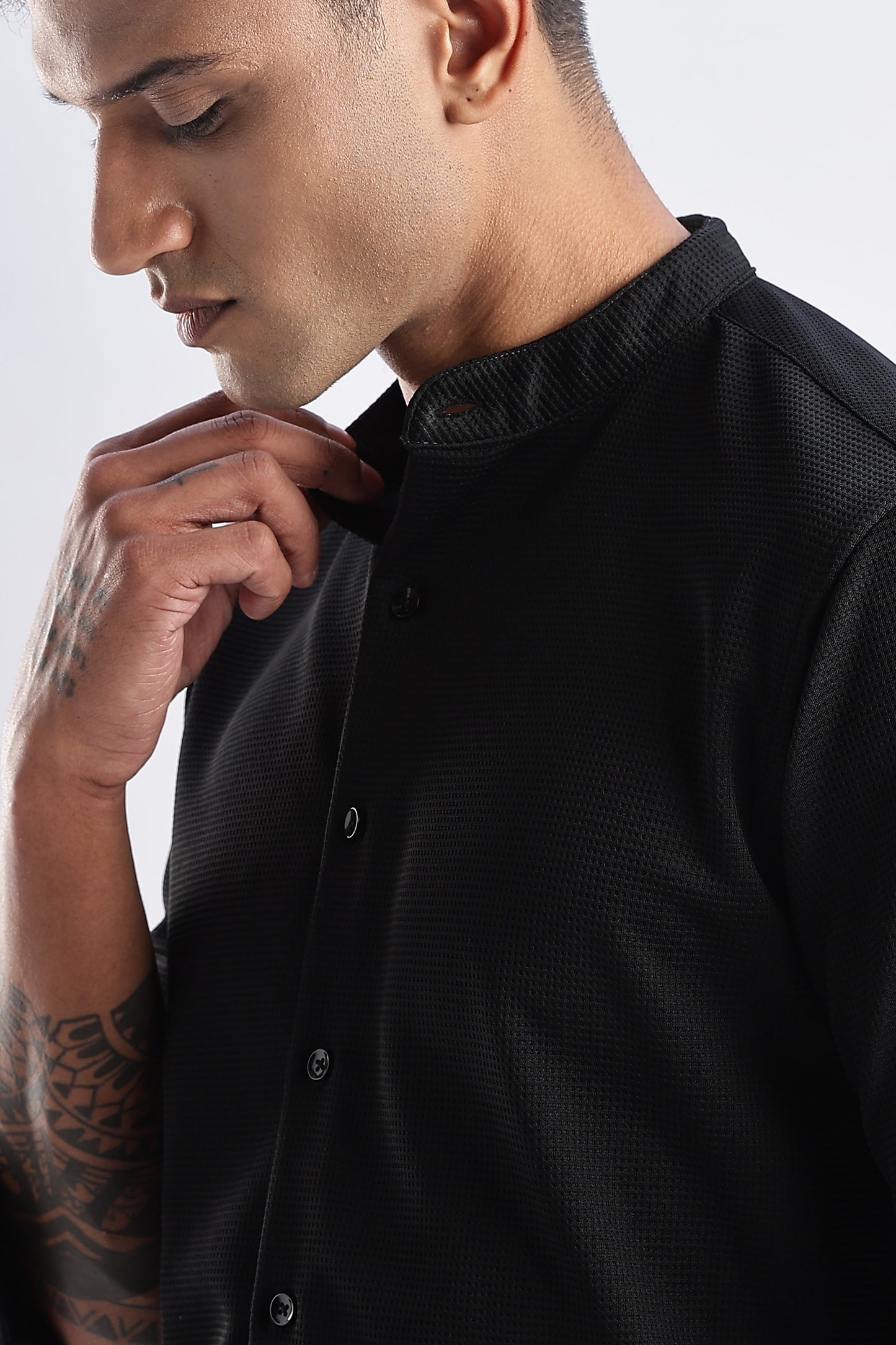 Men Waffle Dobby Shirts Mandarin Collar-Black