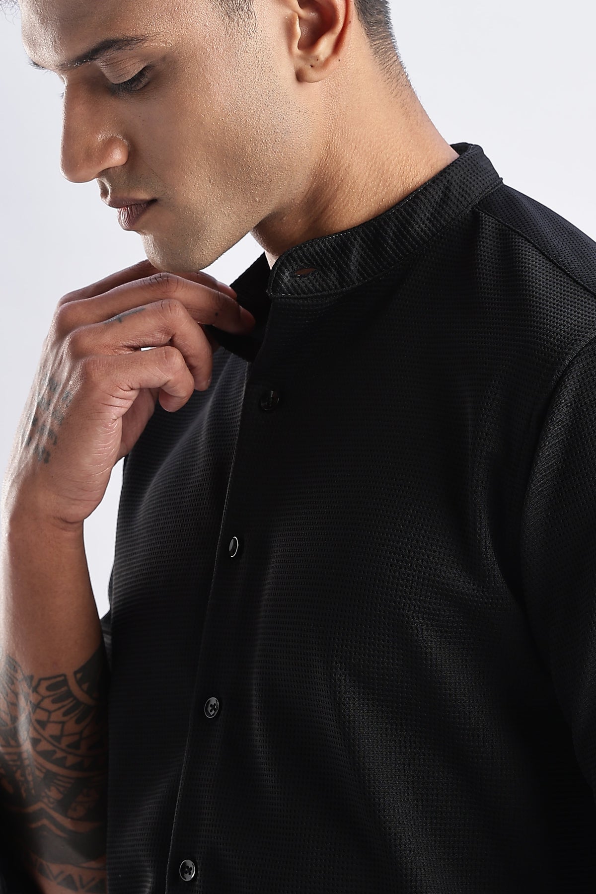 Men Waffle Dobby Shirts Mandarin Collar-Black