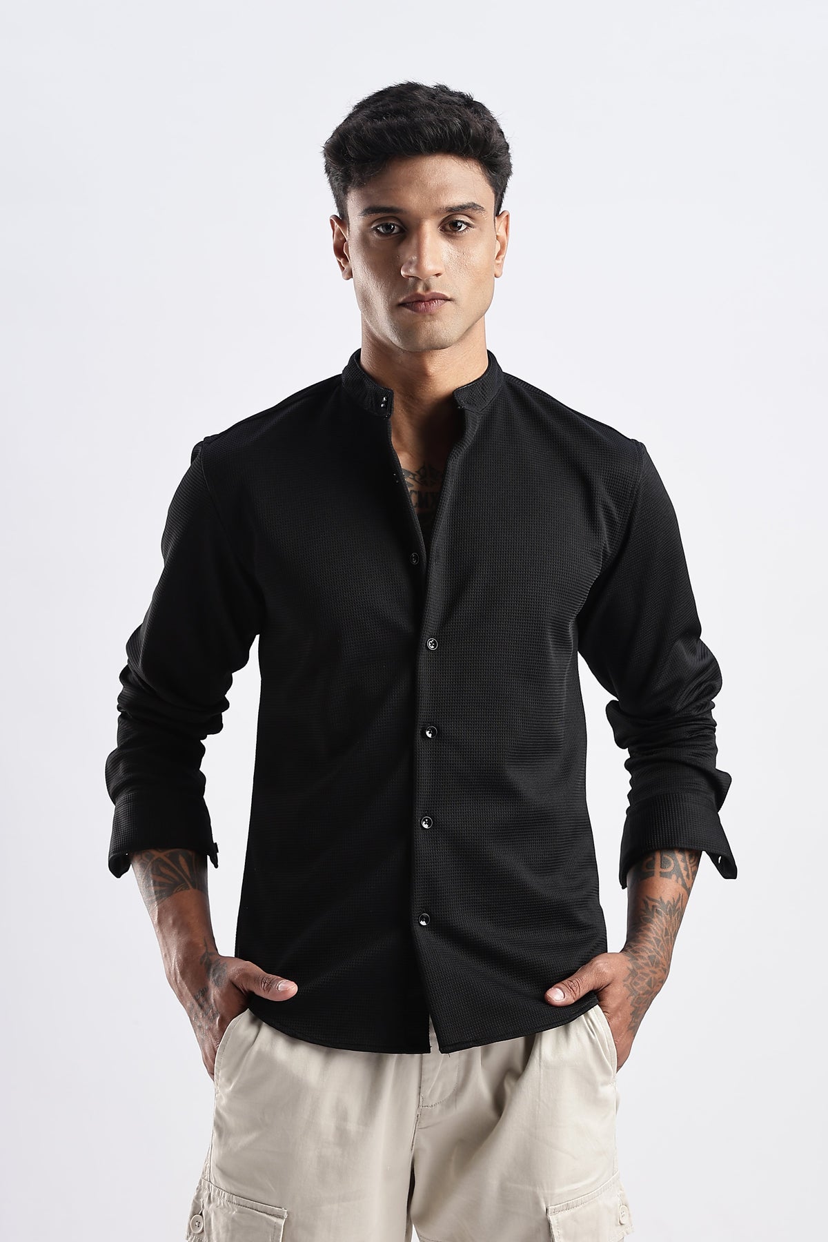 Men Waffle Dobby Shirts Mandarin Collar-Black