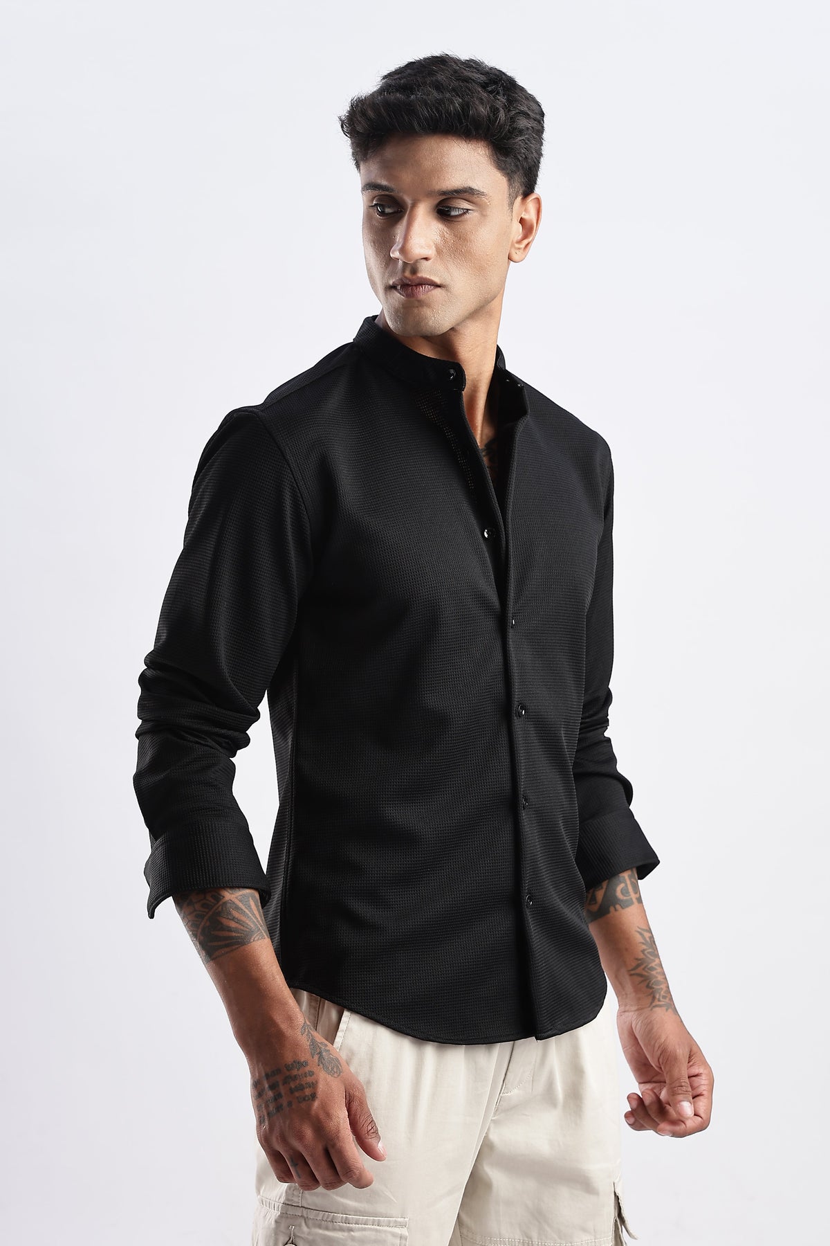 Men Waffle Dobby Shirts Mandarin Collar-Black