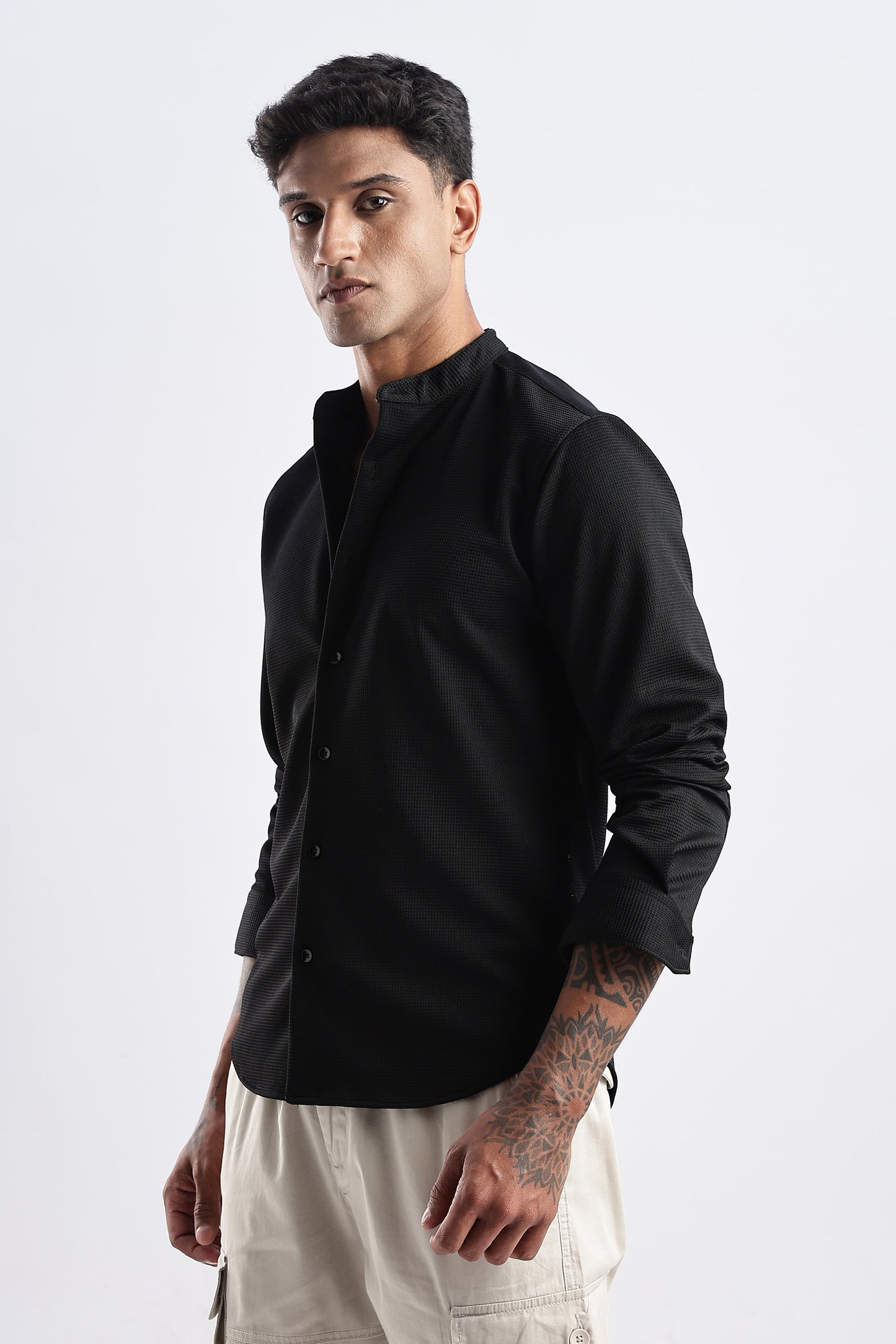 Men Waffle Dobby Shirts Mandarin Collar-Black