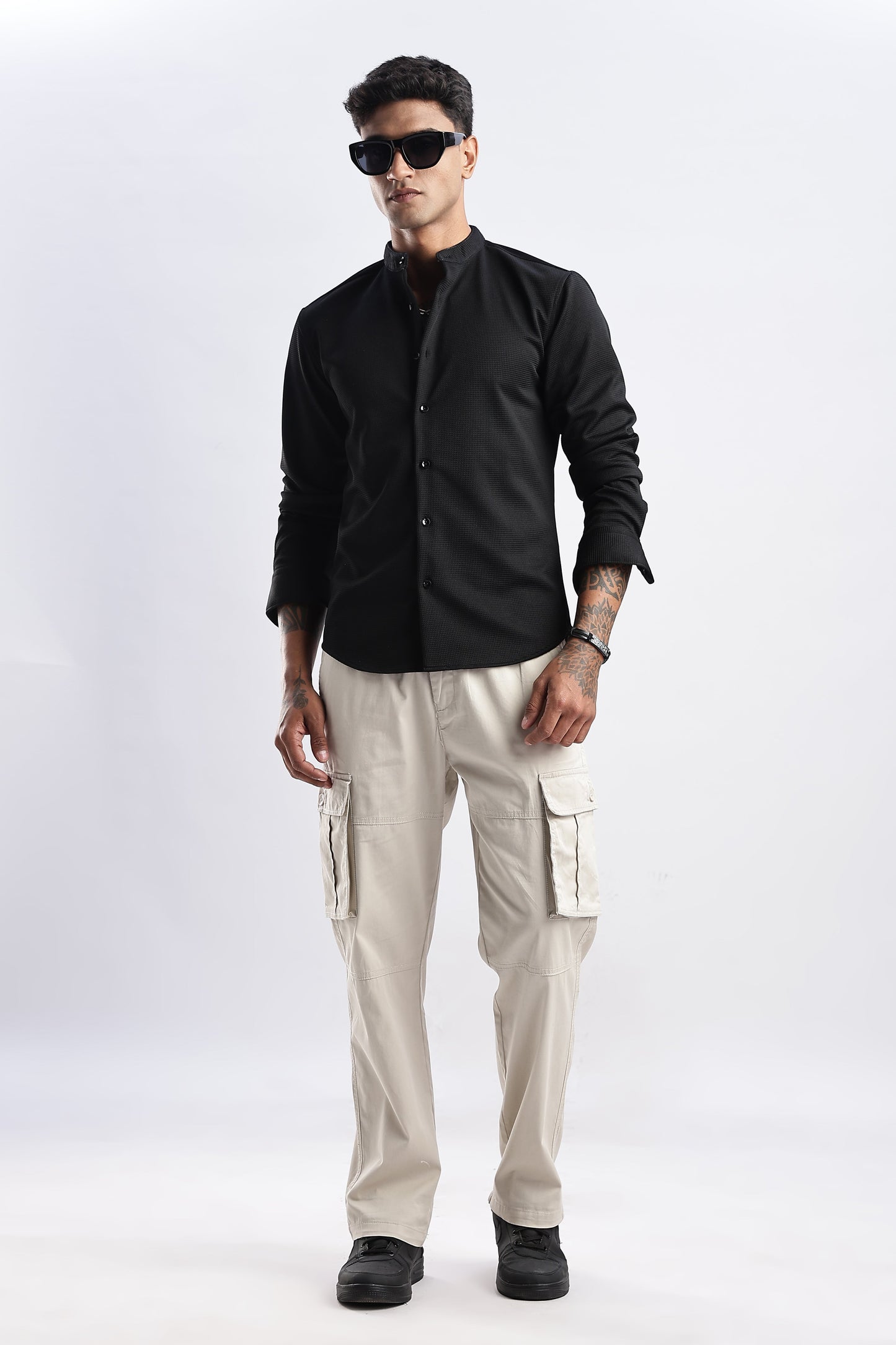 Men Waffle Dobby Shirts Mandarin Collar-Black