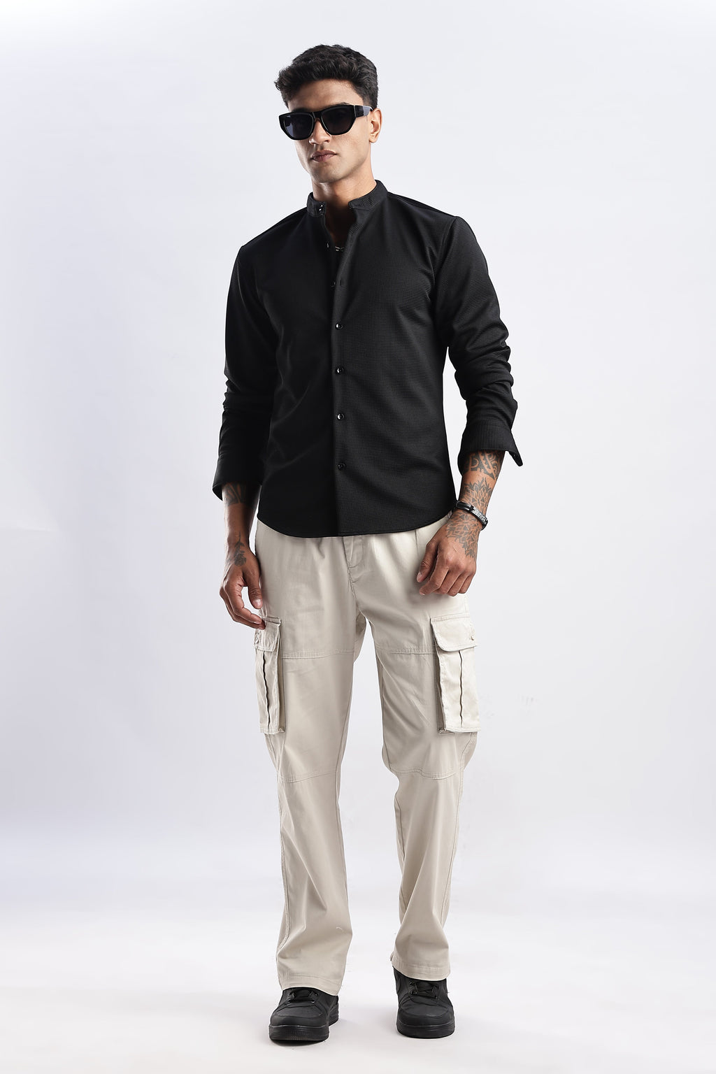 Men Waffle Dobby Shirts Mandarin Collar-Black