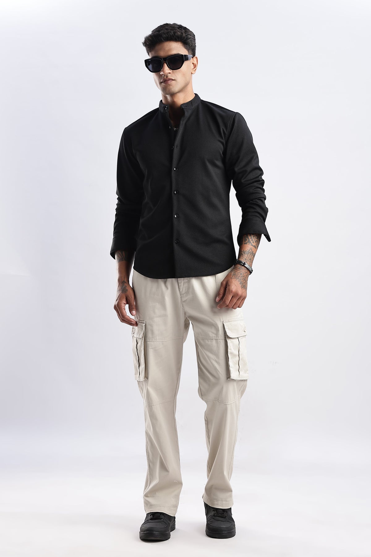 Men Waffle Dobby Shirts Mandarin Collar-Black