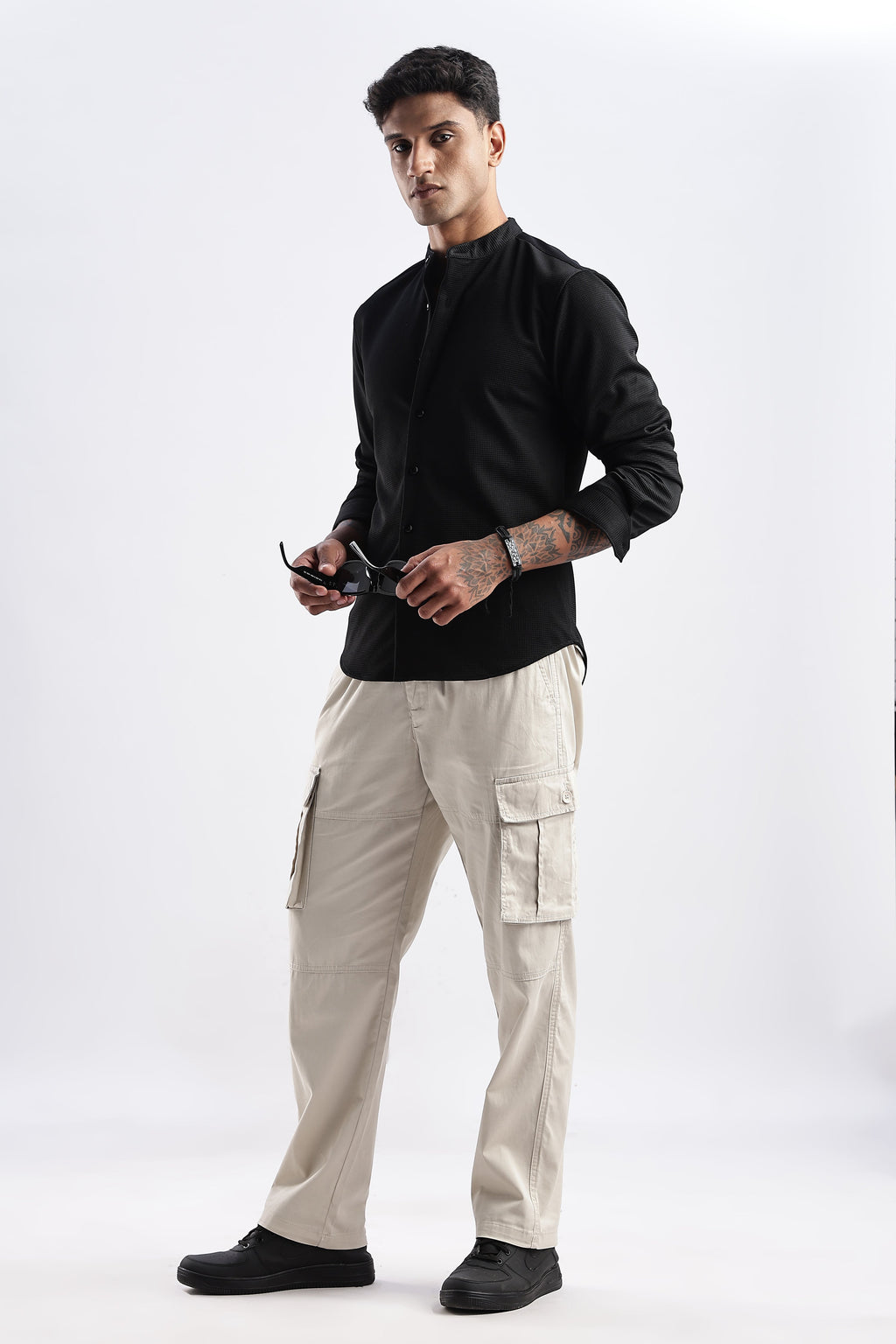 Men Waffle Dobby Shirts Mandarin Collar-Black
