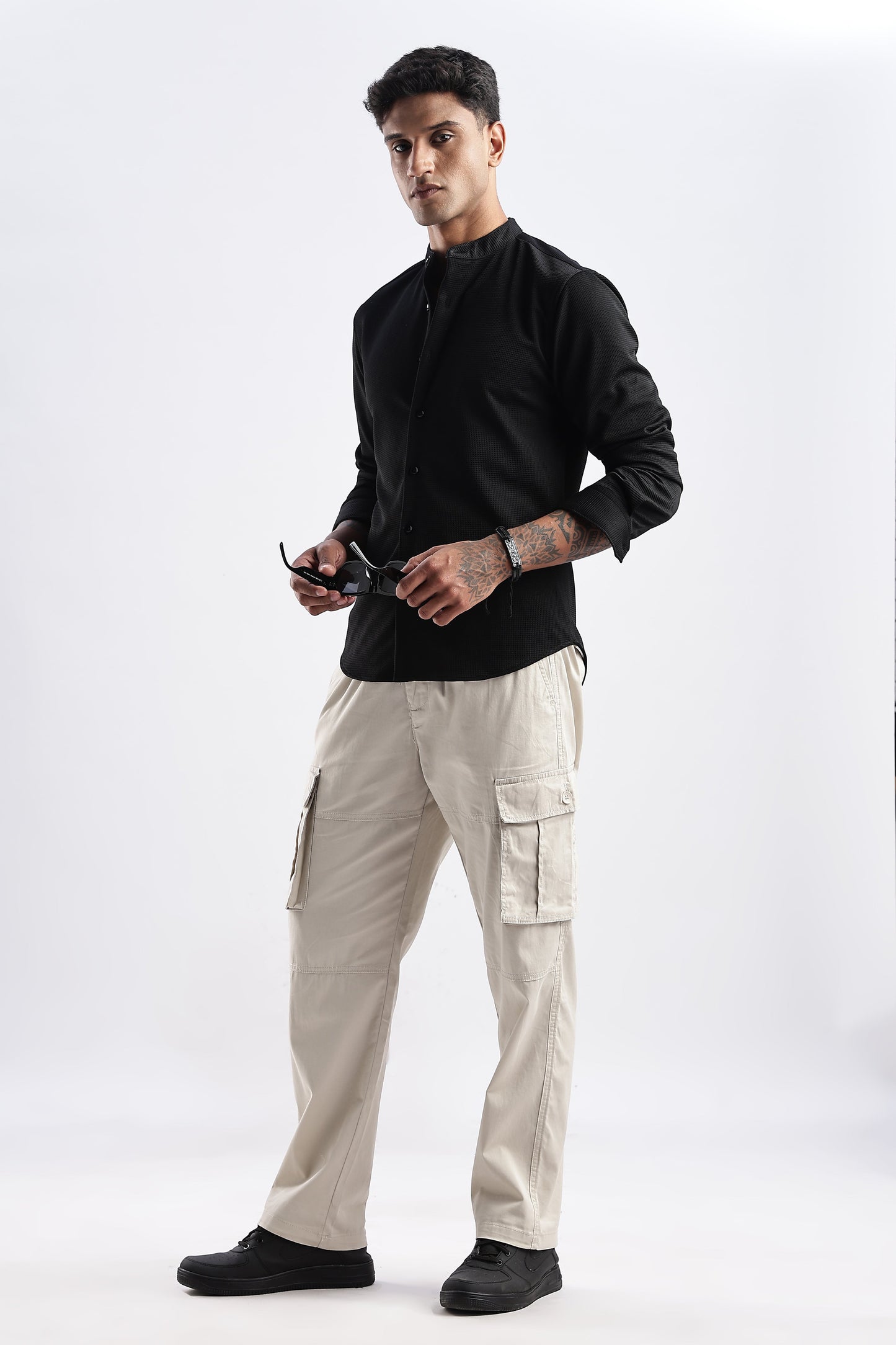 Men Waffle Dobby Shirts Mandarin Collar-Black