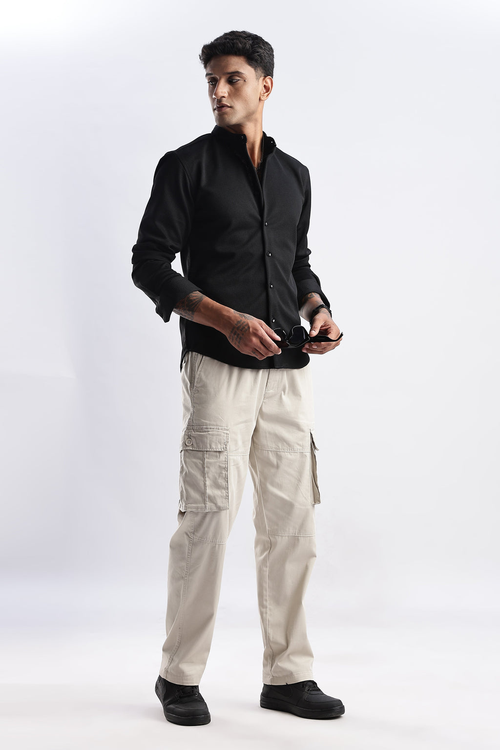 Men Waffle Dobby Shirts Mandarin Collar-Black