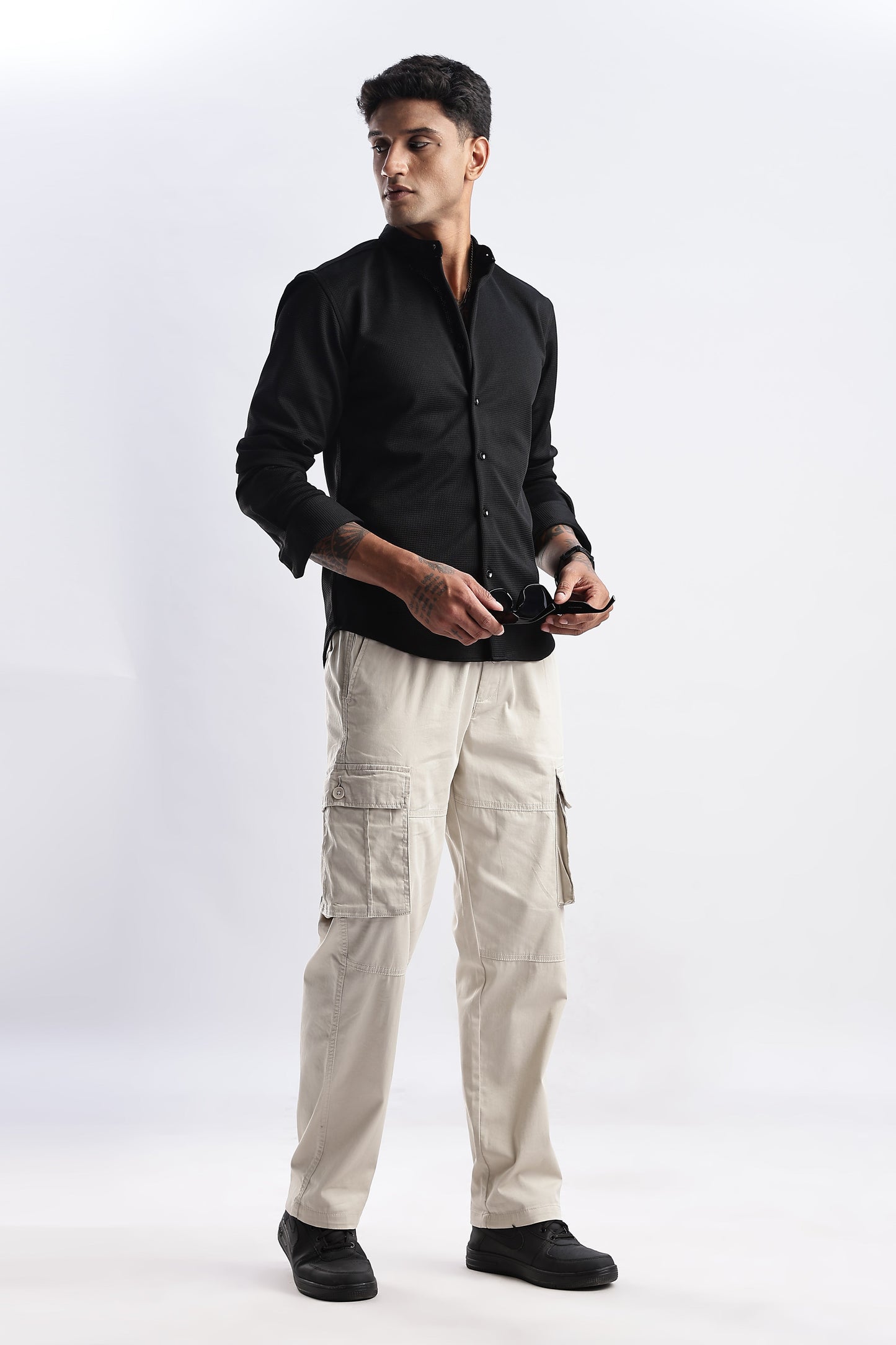Men Waffle Dobby Shirts Mandarin Collar-Black
